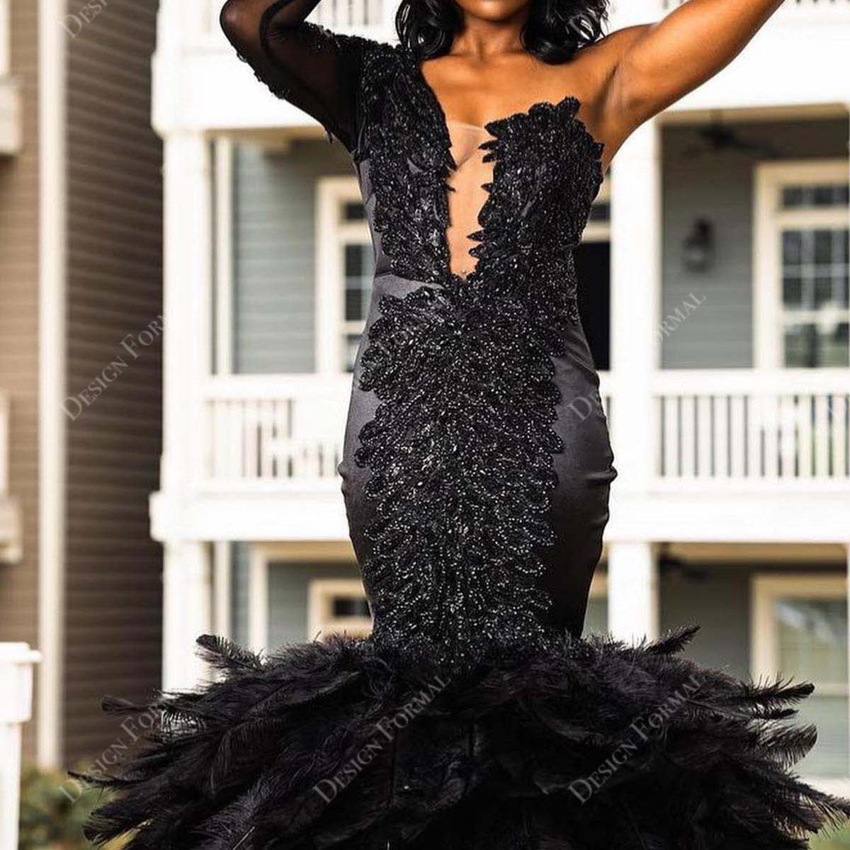 Black Lace Illusion One Sleeve Feather Custom Made Prom Dress Black Lace Illusion One Sleeve Feather Custom Made Prom Dress