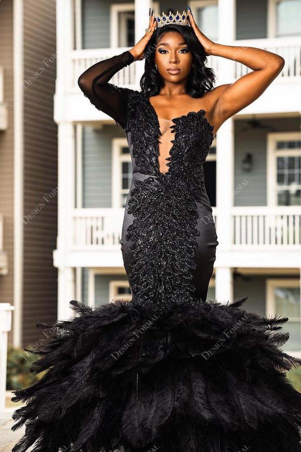 Black Lace Illusion One Sleeve Feather Custom Made Prom Dress