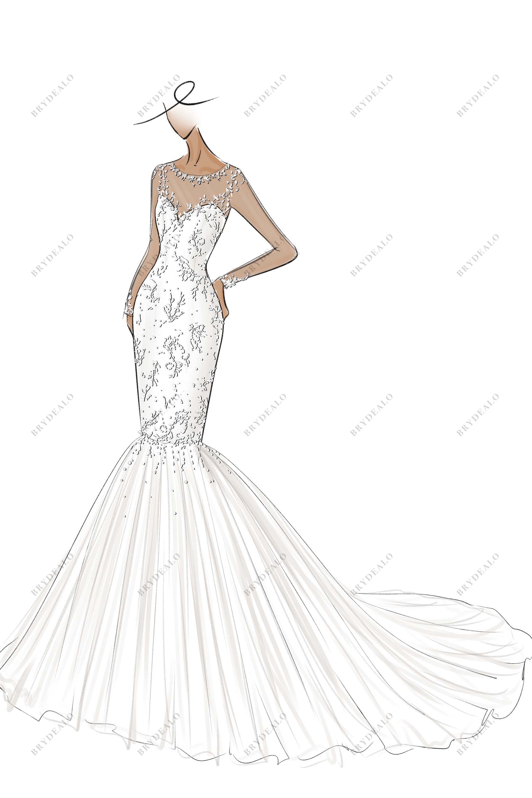Lace Illusion Neck Designer Trumpet Bridal Dress Sketch