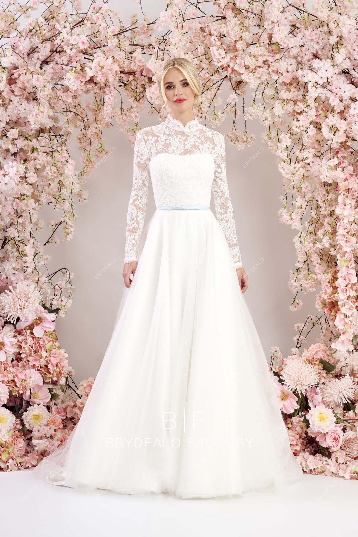 Sheer Tulle Ball Gown Wedding Dress with Long Sleeves Appliques