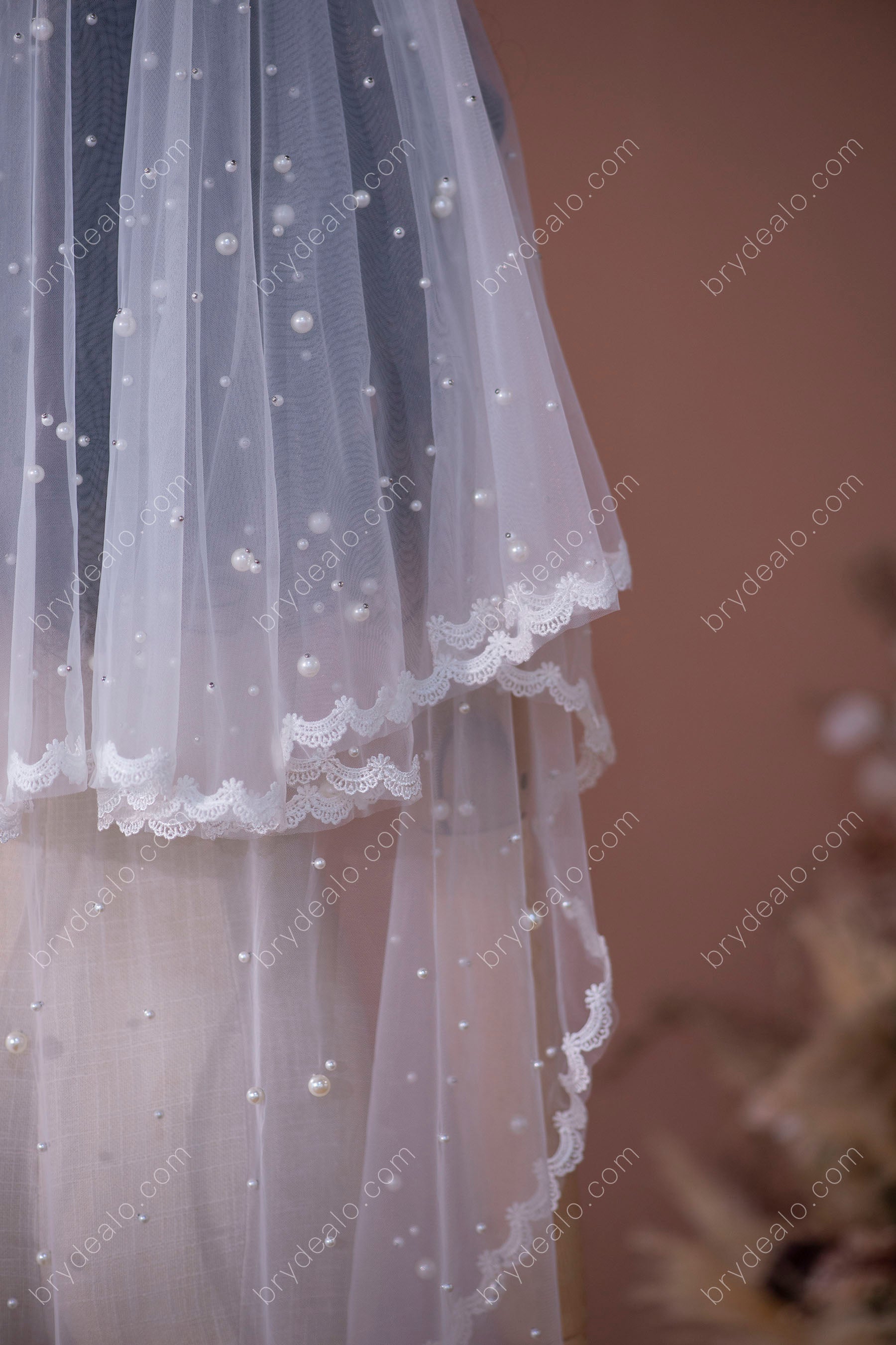 cute full lace edge pearls veil