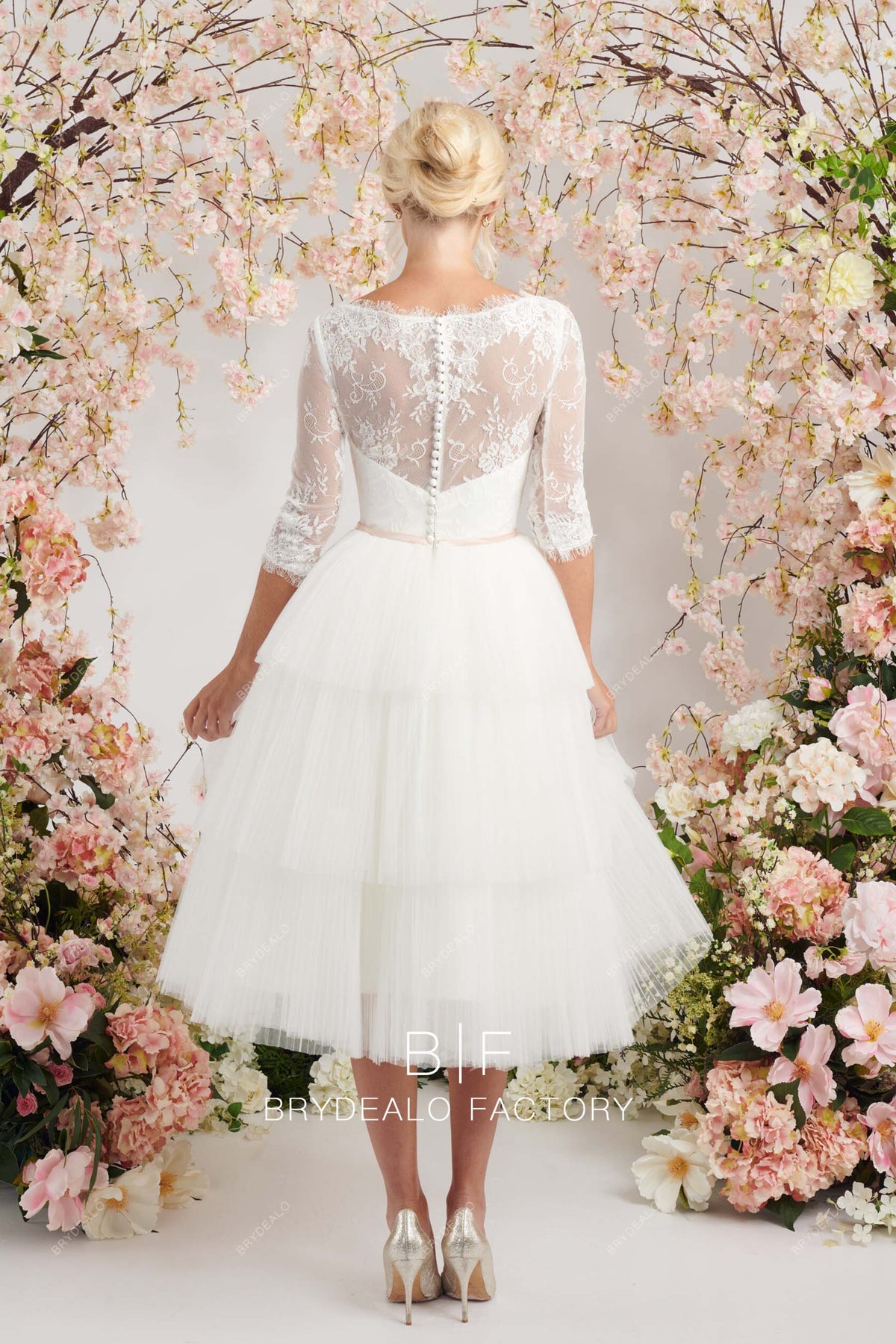 Sheer Lace 3/4 Sleeve Short Princess Tiered Pleated Tulle Bridal Dress