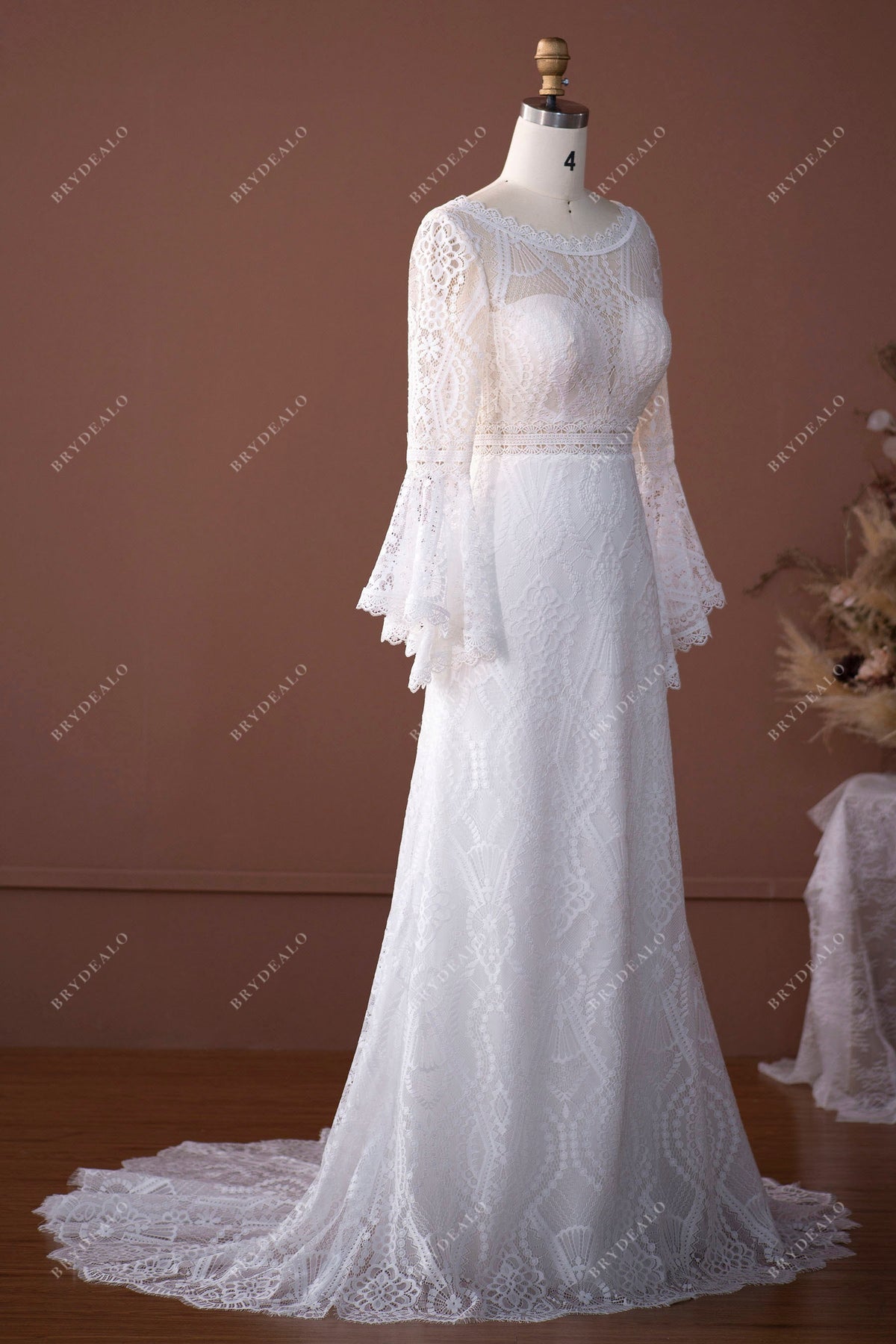 Semi-Sheer Lace Bell Sleeve Lined Dress