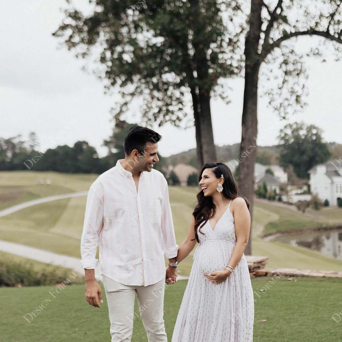 Designer Dot A-Line Ankle Length V-Neck Maternity Bridal Dress
