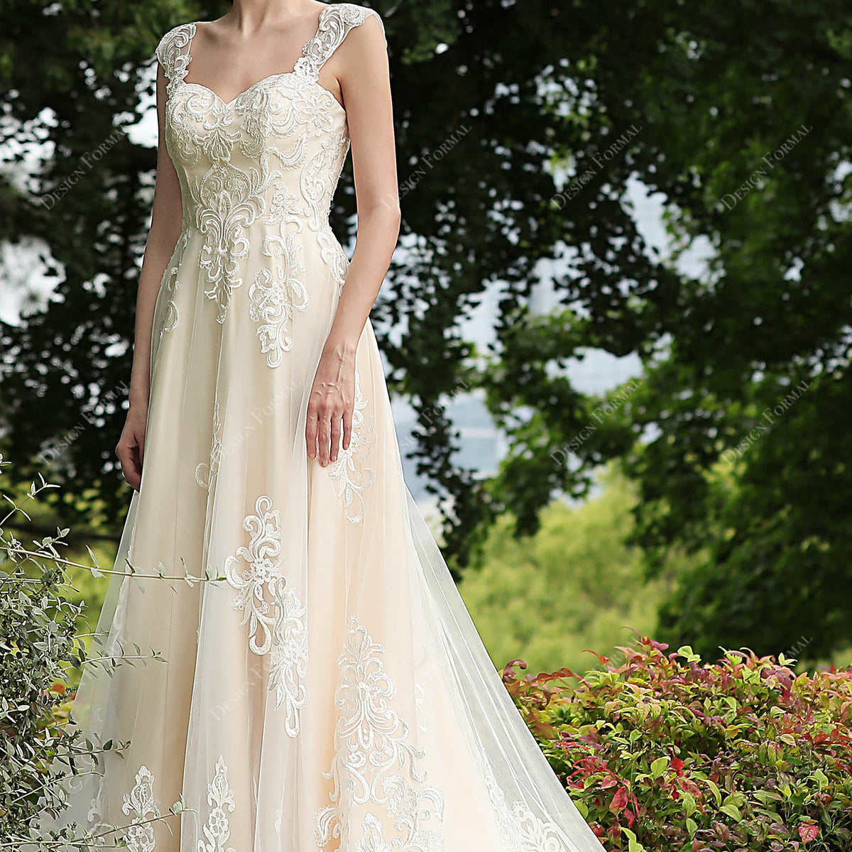 Elegant Lace Strap Champagne Sweetheart Garden A-Line Wedding Dress, Champagne Elegant Lace Strap Champagne Sweetheart Garden A-Line Wedding Dress, Champagne