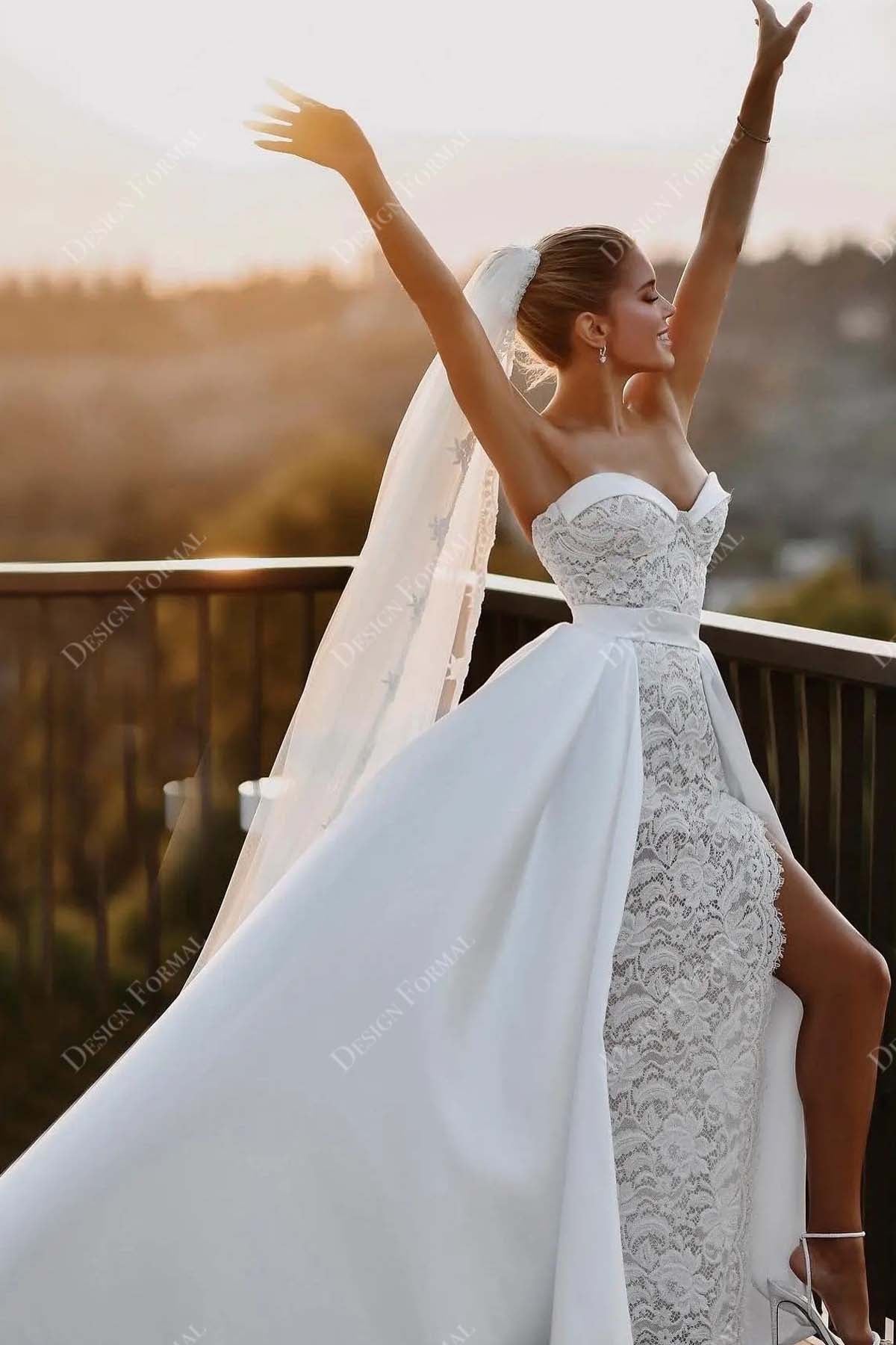 lace strapless sweetheart neck high slit wedding dress with overskirt
