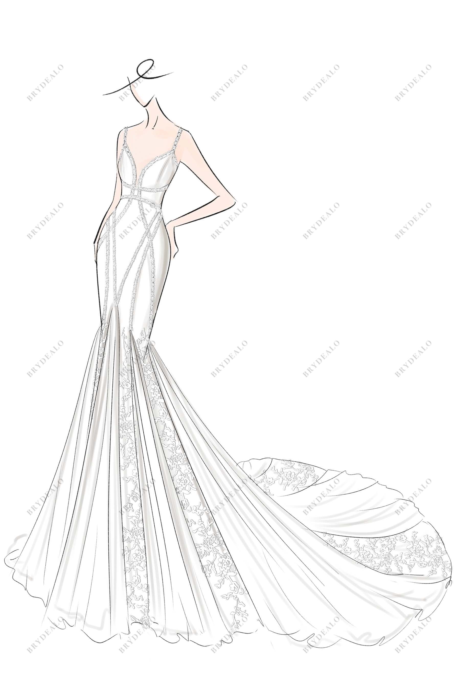 Designer Lace Straps Chiffon Godet Mermaid Wedding Dress Sketch