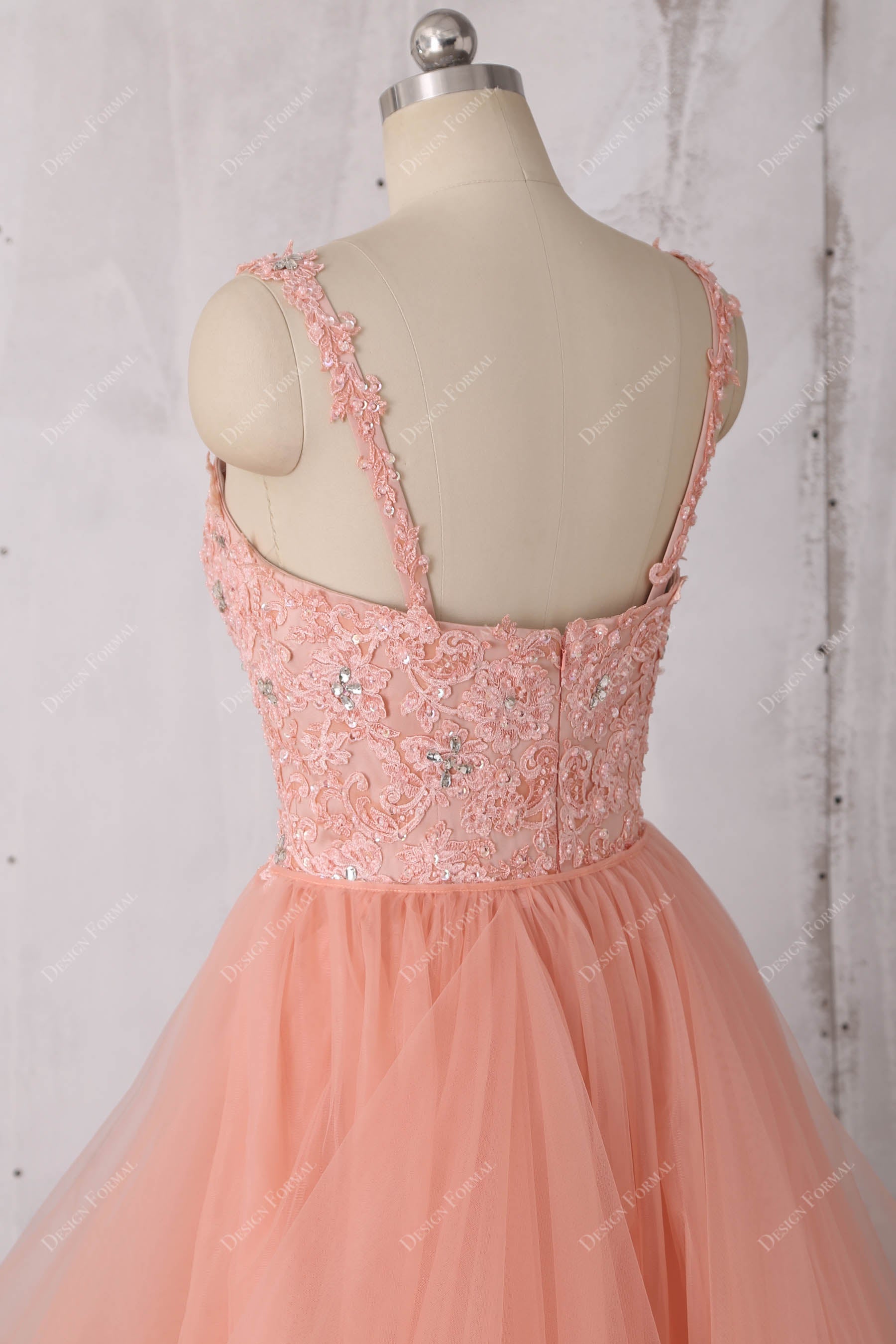 lace straps open back prom gown