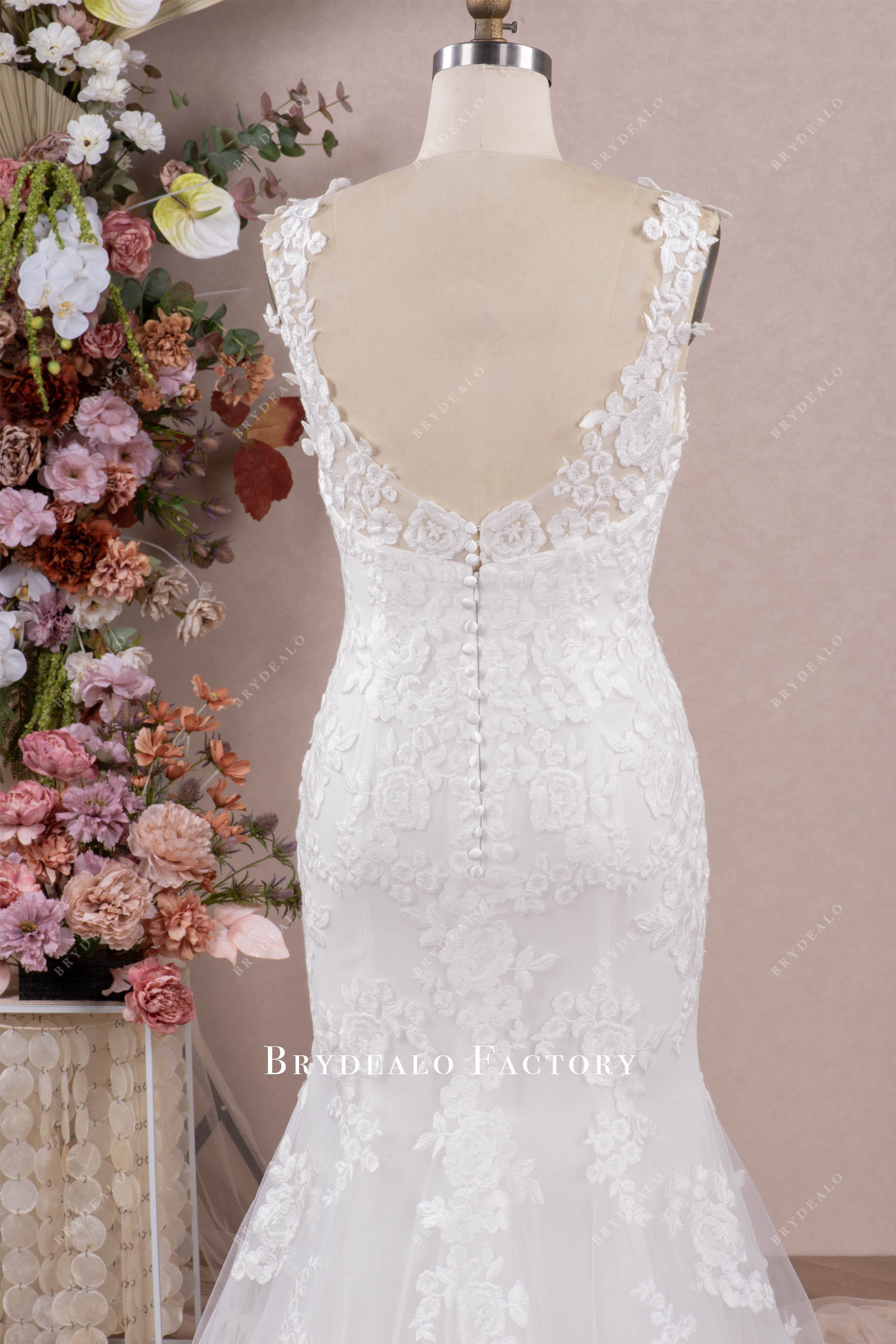 lace straps open V-back bridal gown