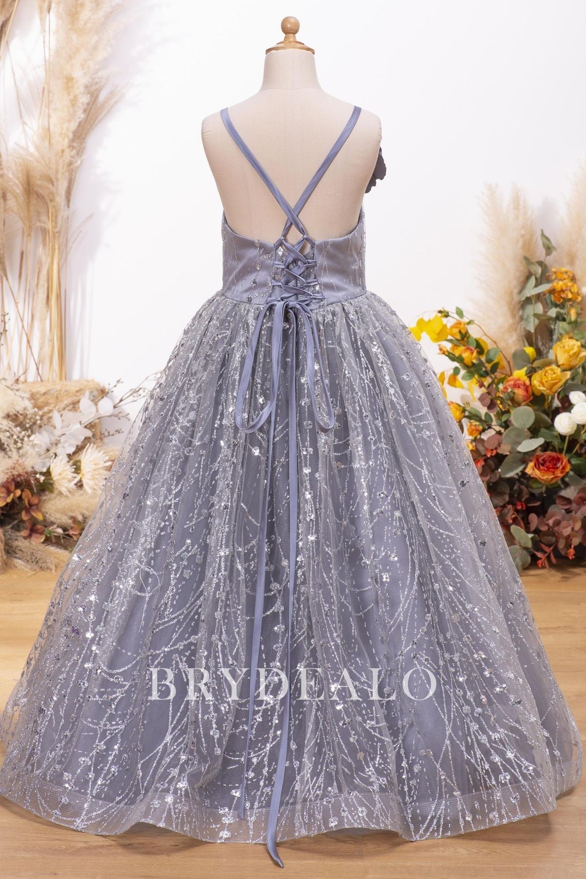 Strappy Back Glitter Floor Length Ball Gown Flower Girl Dress