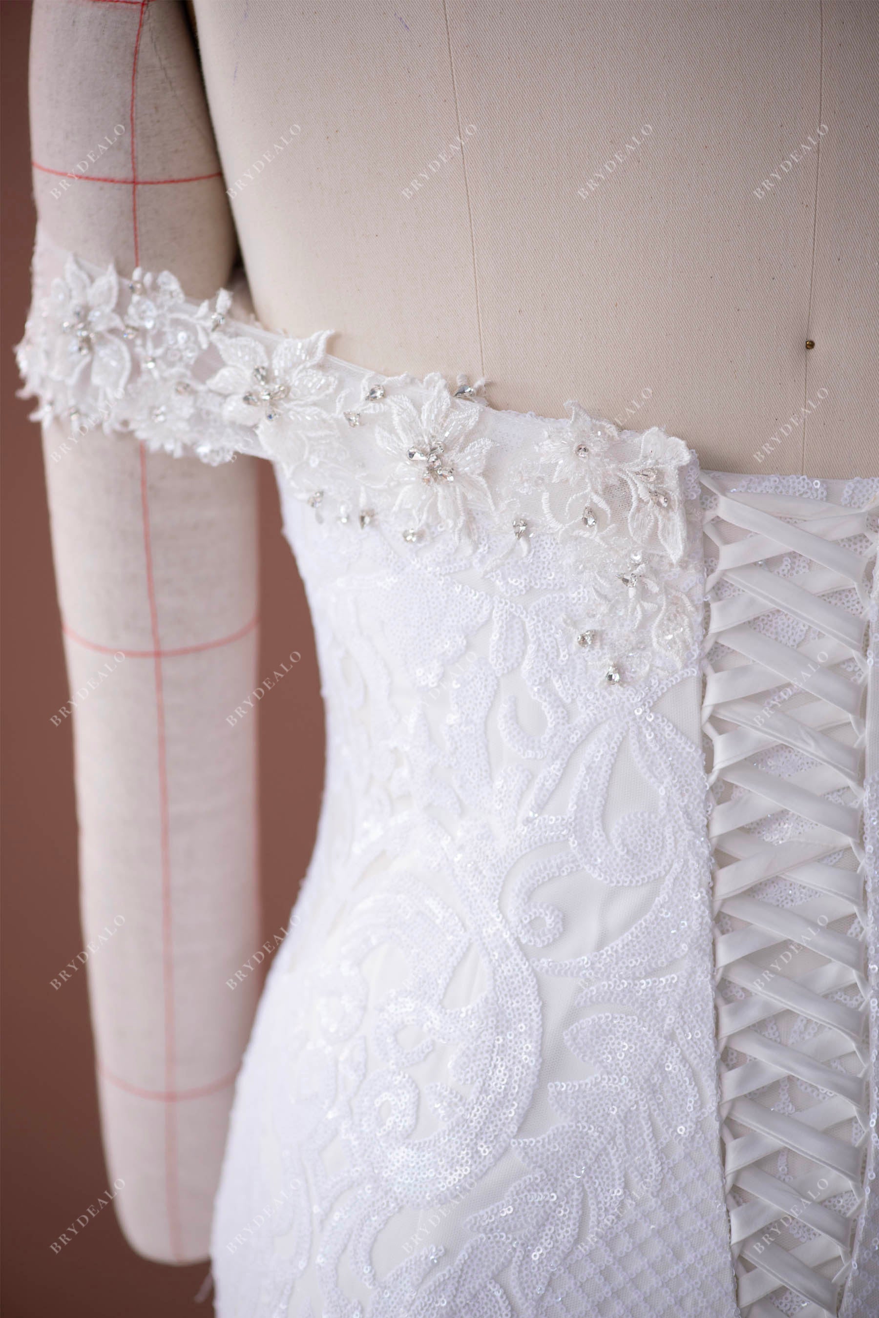 unique sequin lace up back wedding dress