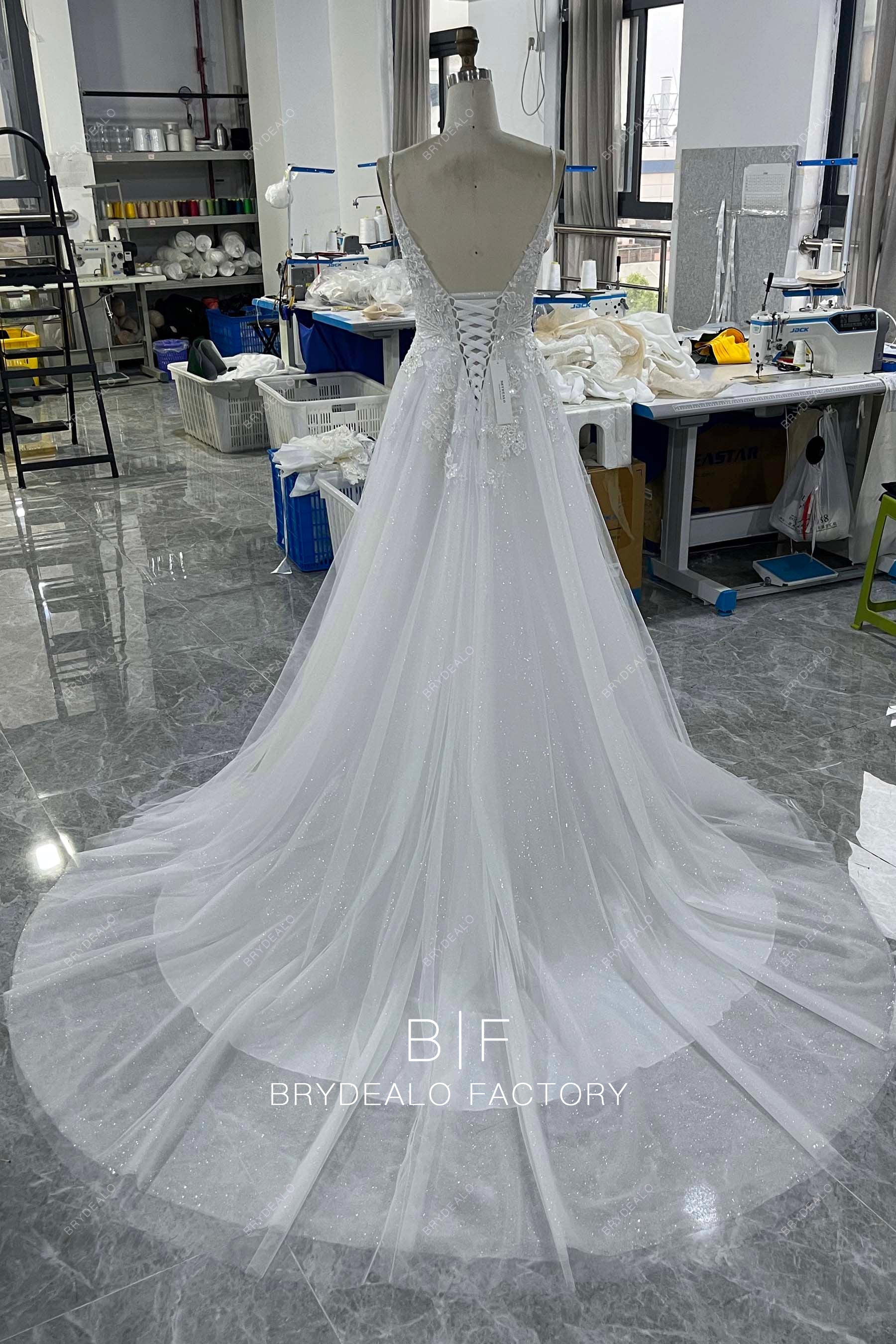 factory-direct lace up back shimmery A-line wedding dress