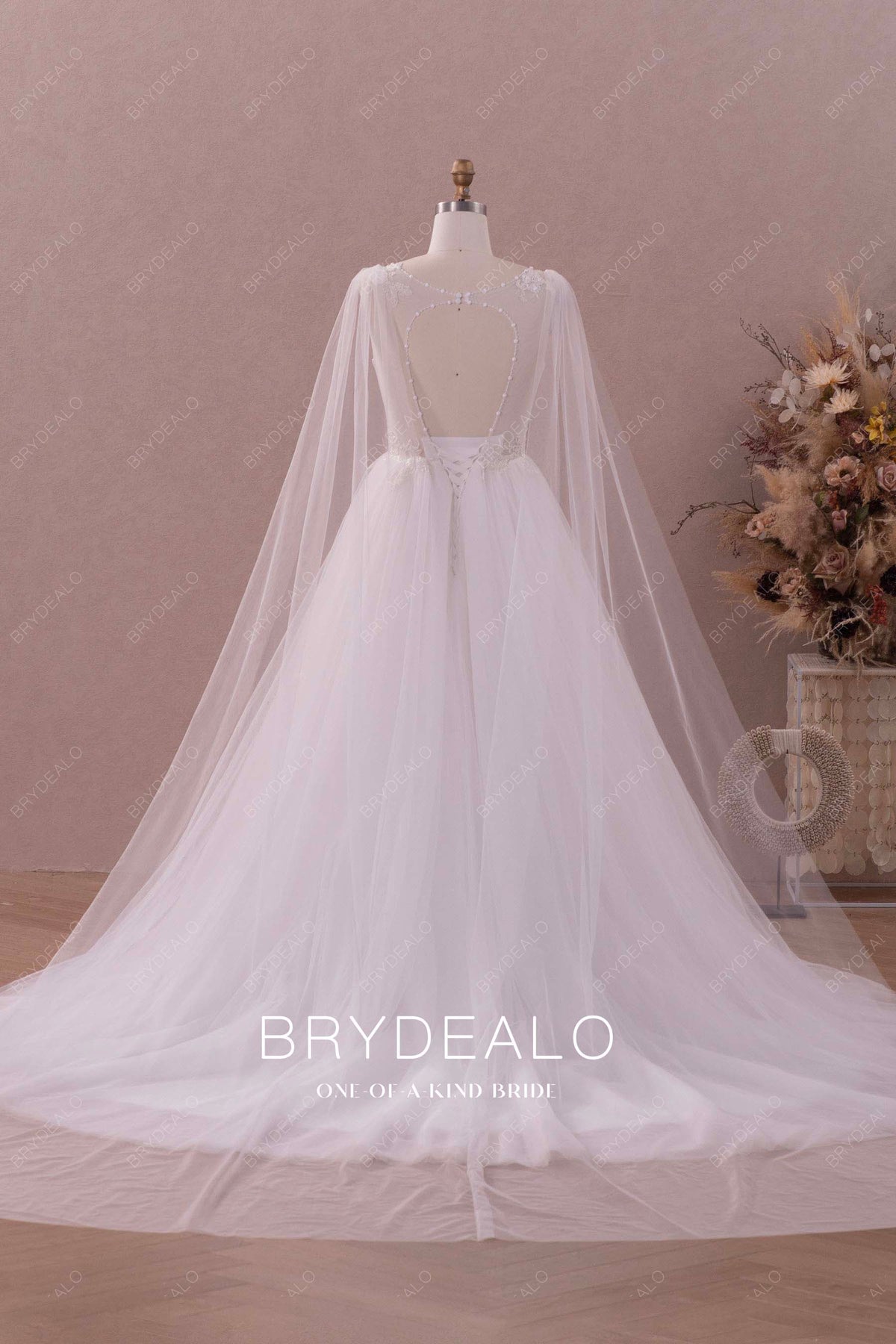 Designer Watteau Train Illusion Neck Lace Tulle Wedding Gown