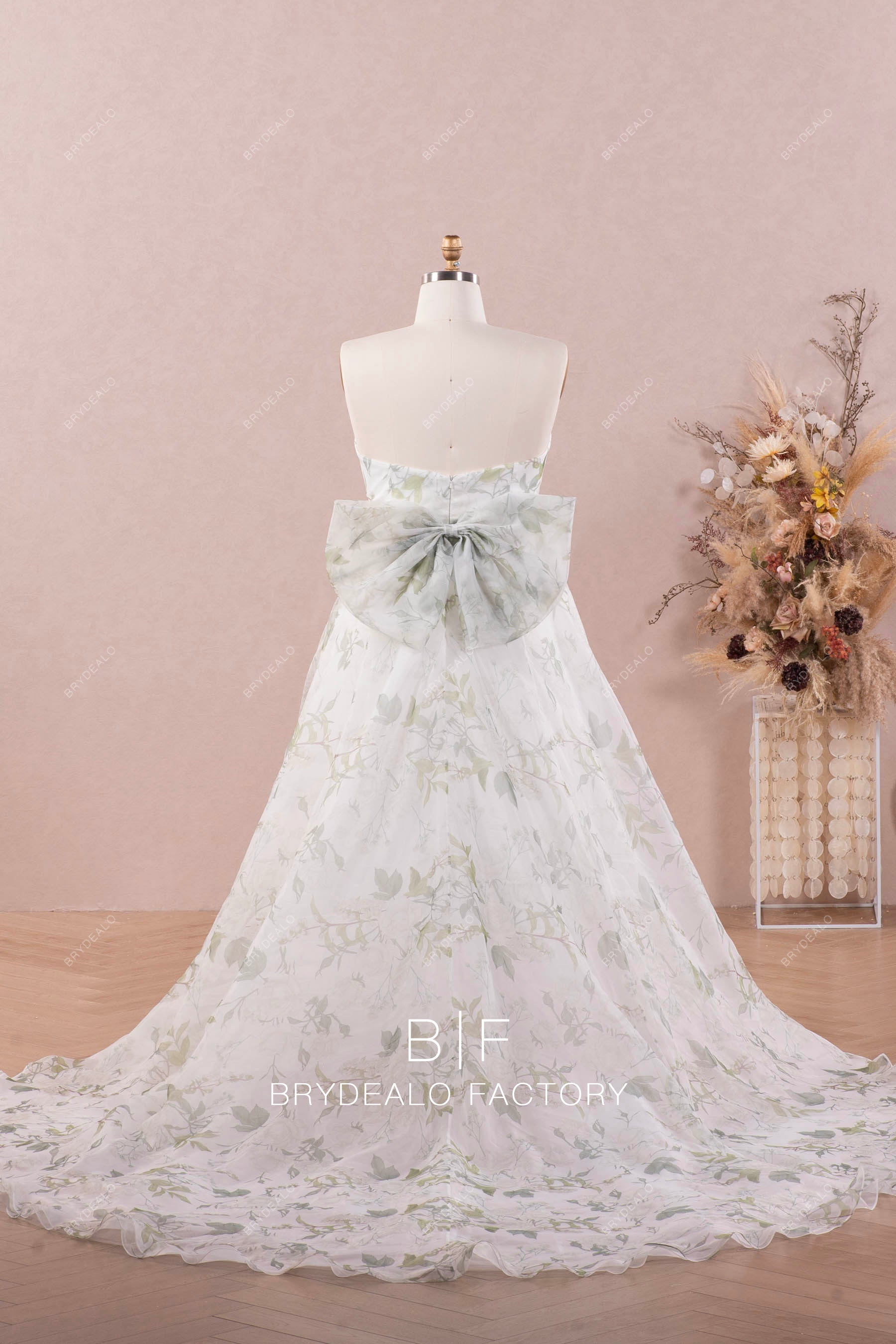large bowknot strapless floral A-line fall wedding dress