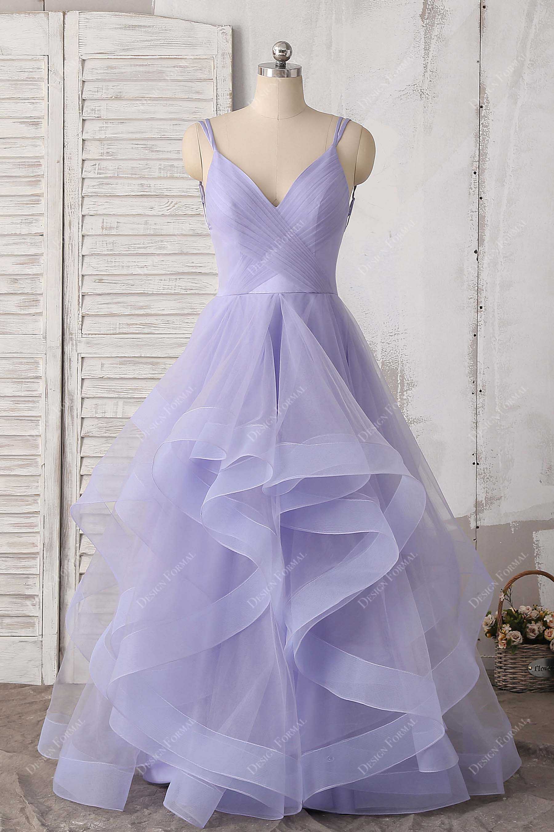 Lavender Tulle Spaghetti Strap Layered Prom Dress