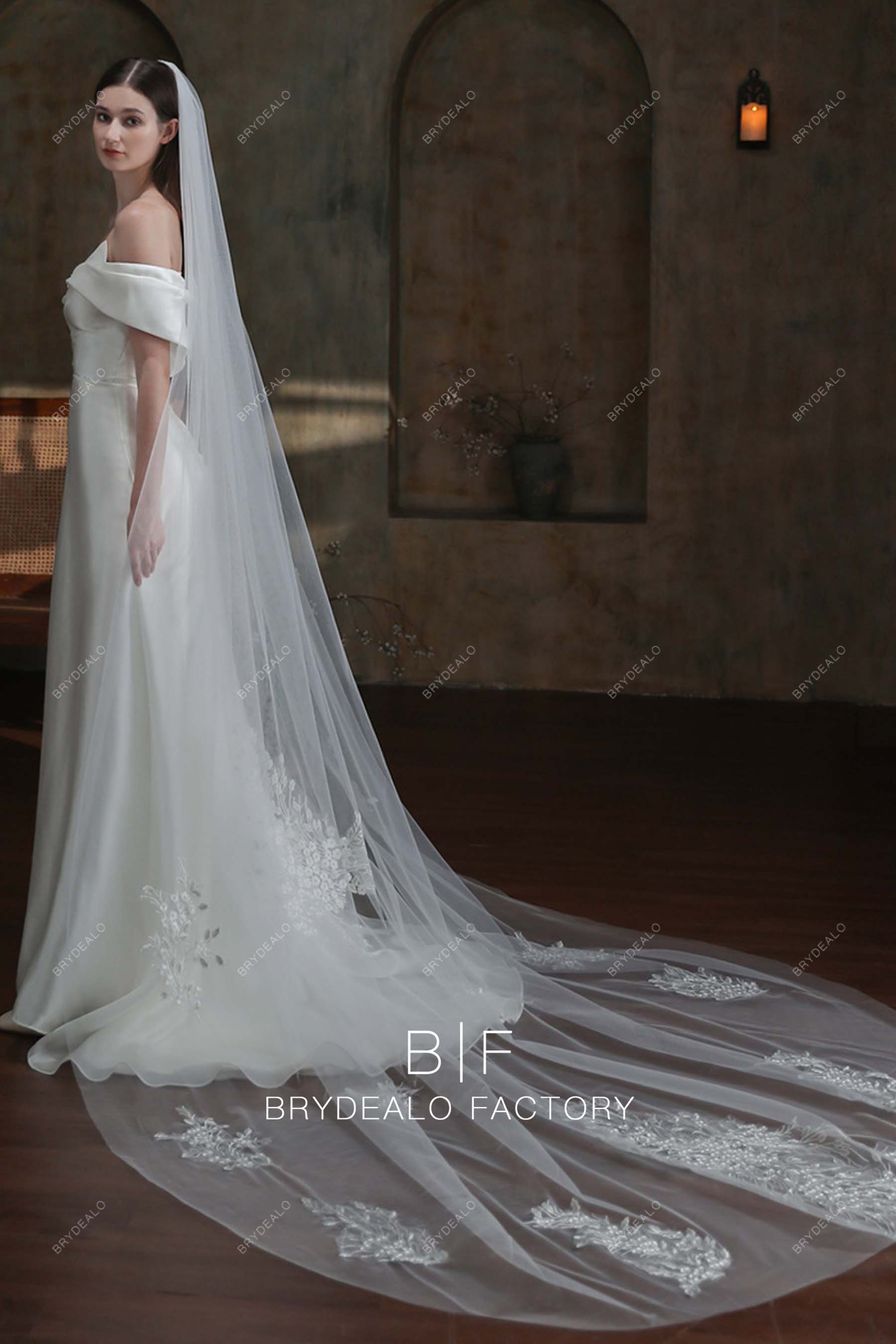 Leaf Patterned Lace One Tier Long Wedding Veil for sale