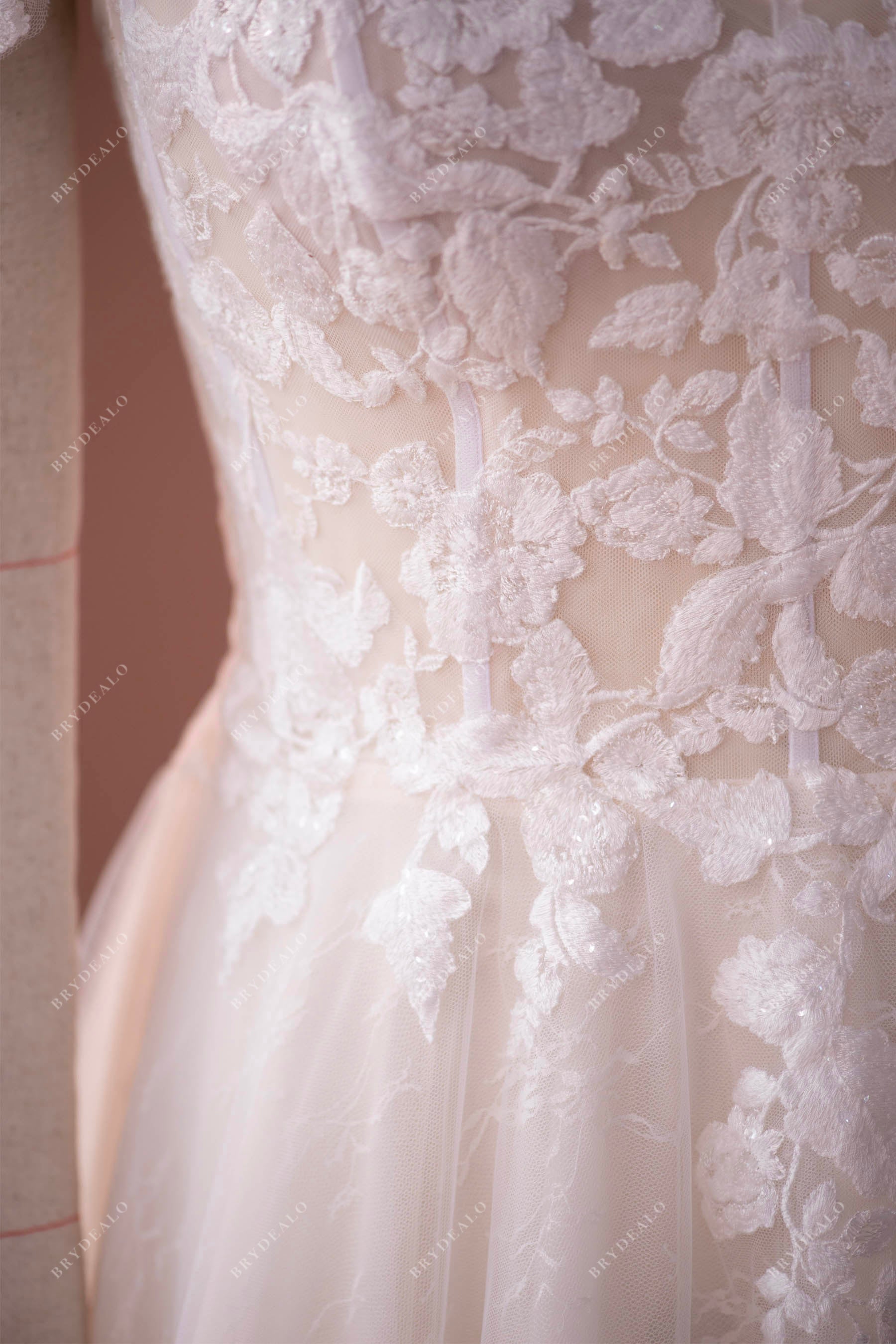 light champagne lace overlaid tulle rustic wedding dress