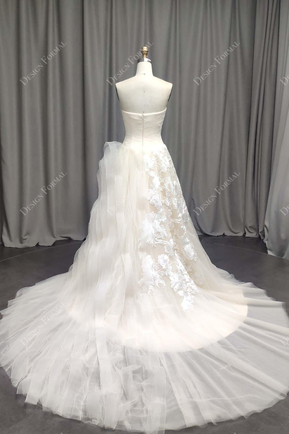 Champagne Lace Strapless Designer Ruffled A-line Bridal Dress