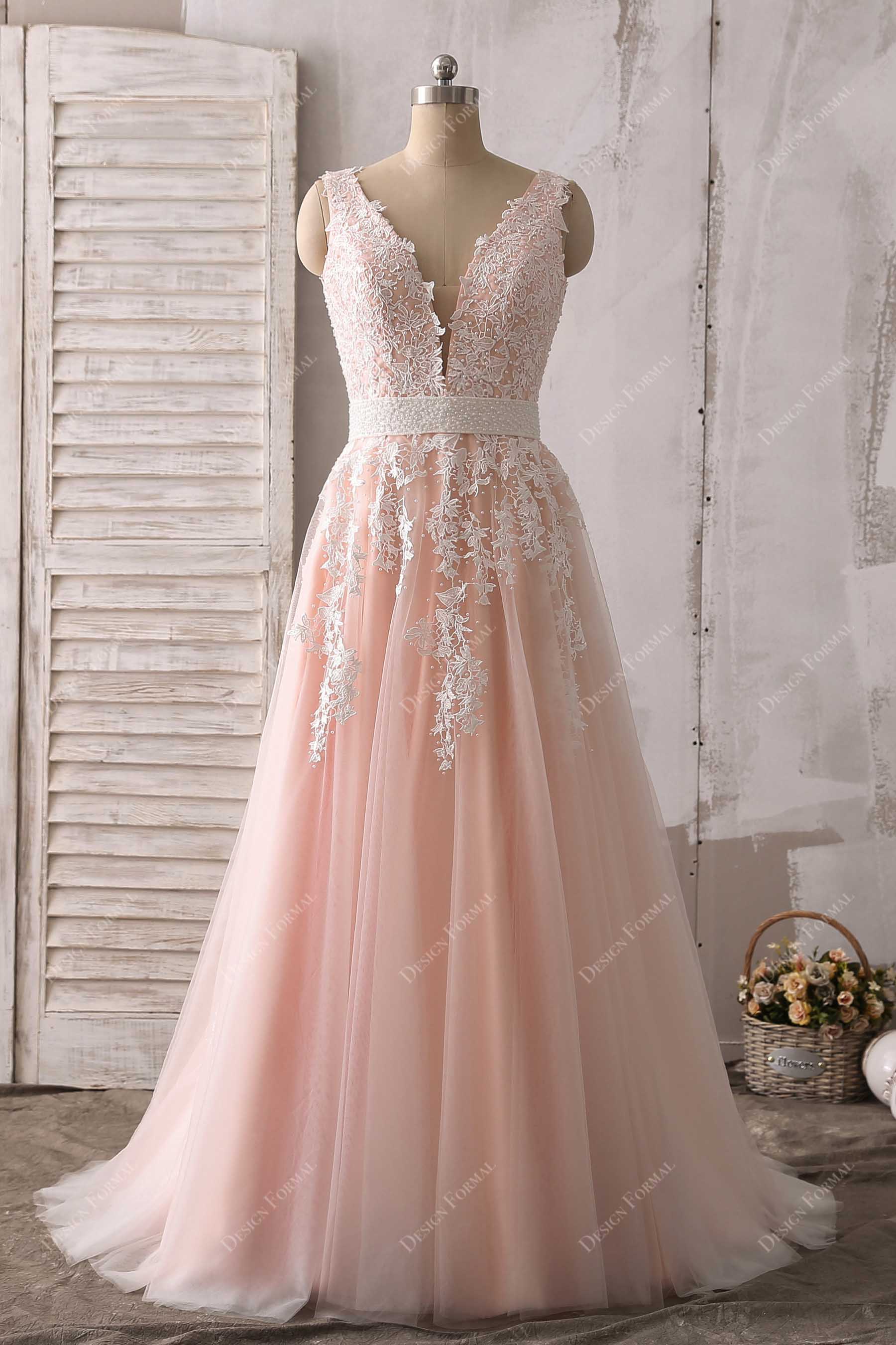 Ivory Lace Baby Pink Tulle Plunging Prom Dress