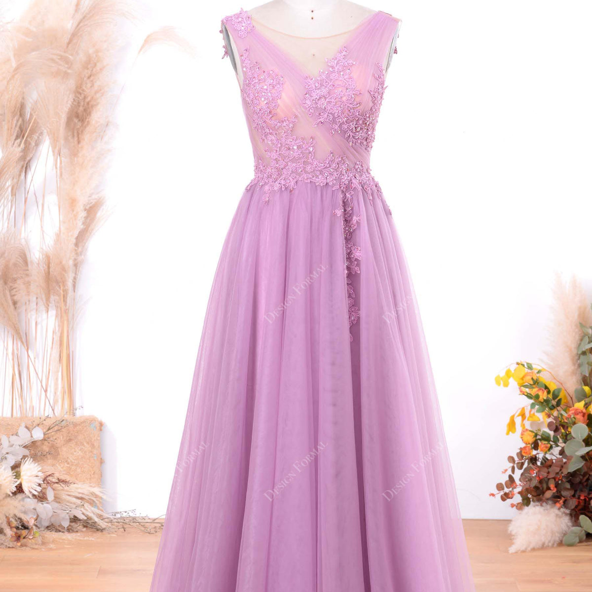 Lilac Illusion Beaded Lace Sexy Slit A-line Long Tulle Illusion Prom Dress