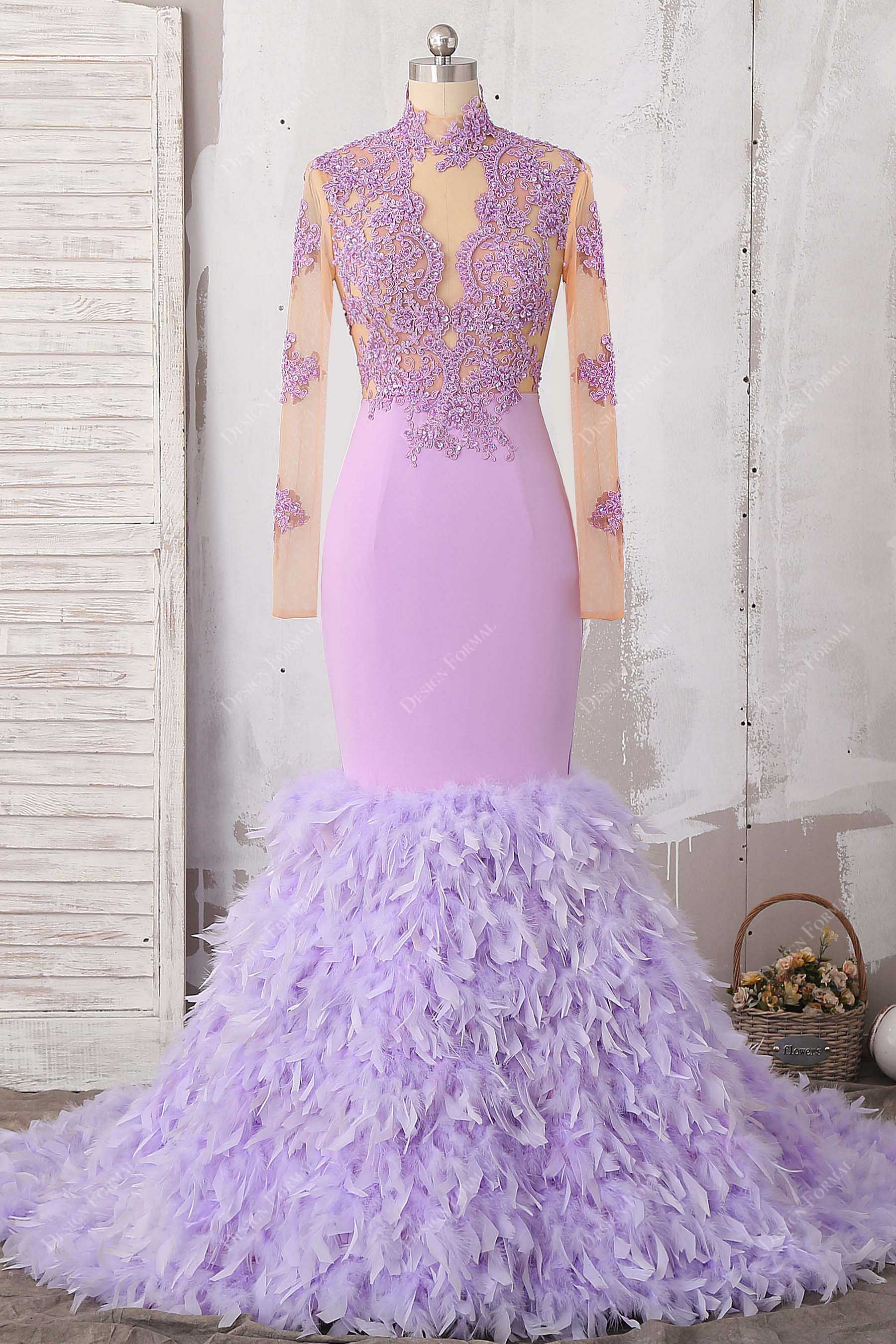 Lavender Feather Beaded Lace Illusion Trumpet Prom Dress