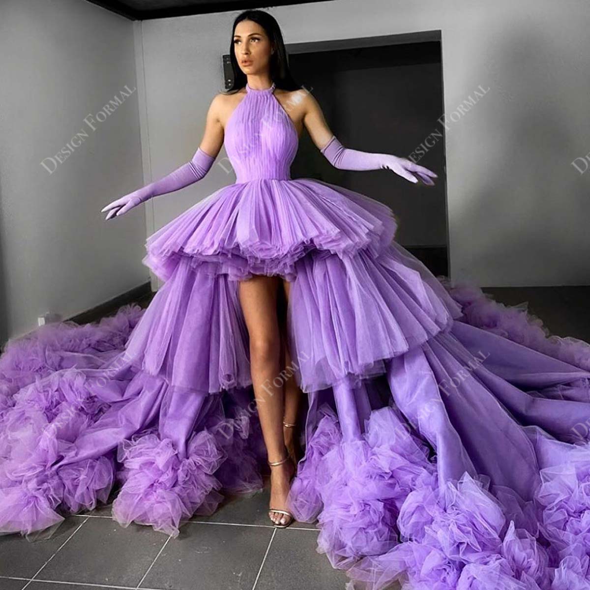 lilac halter tiered tulle high-low prom dress
