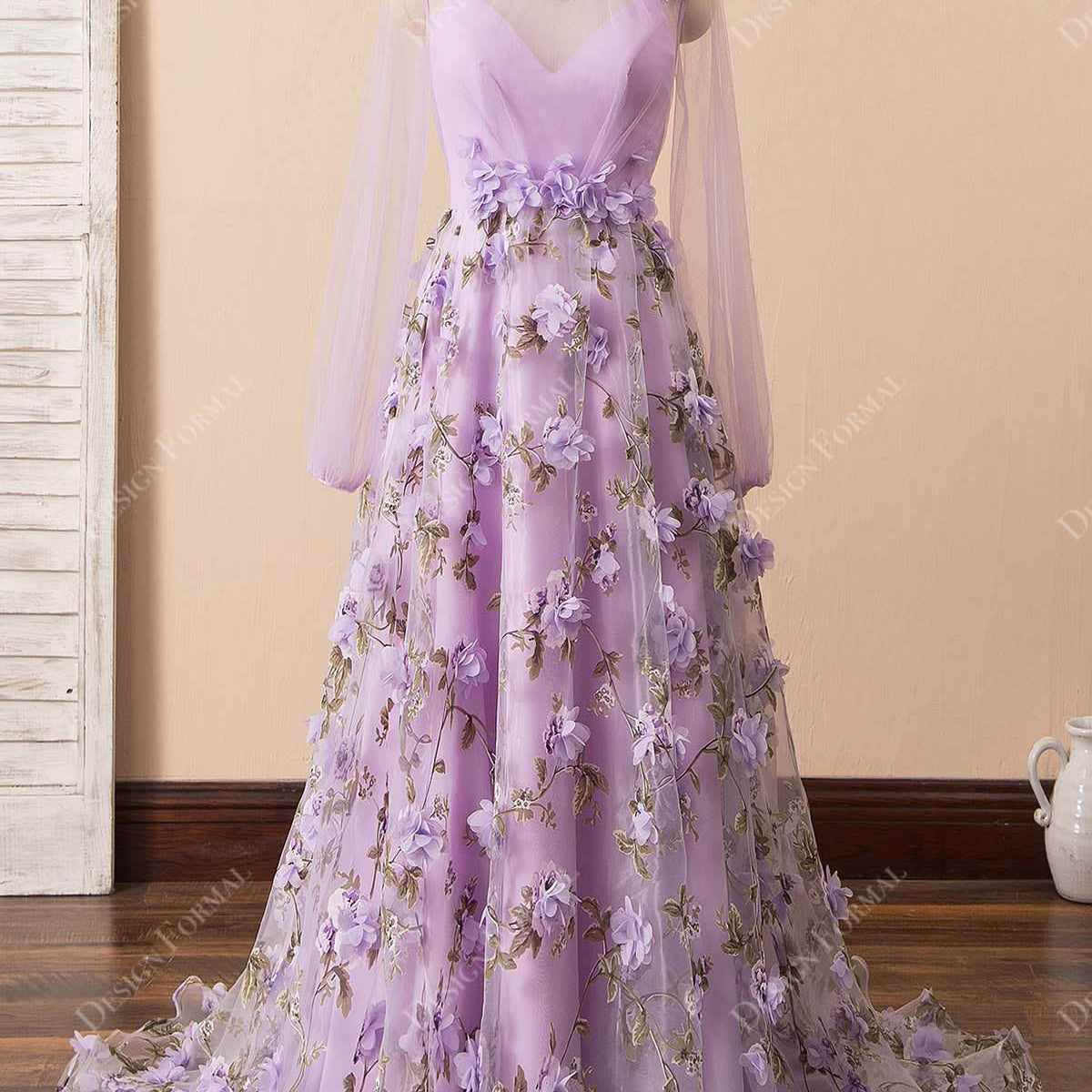 Fairy Flower Pearls Lilac Organza Illusion Sleeve Prom Dress