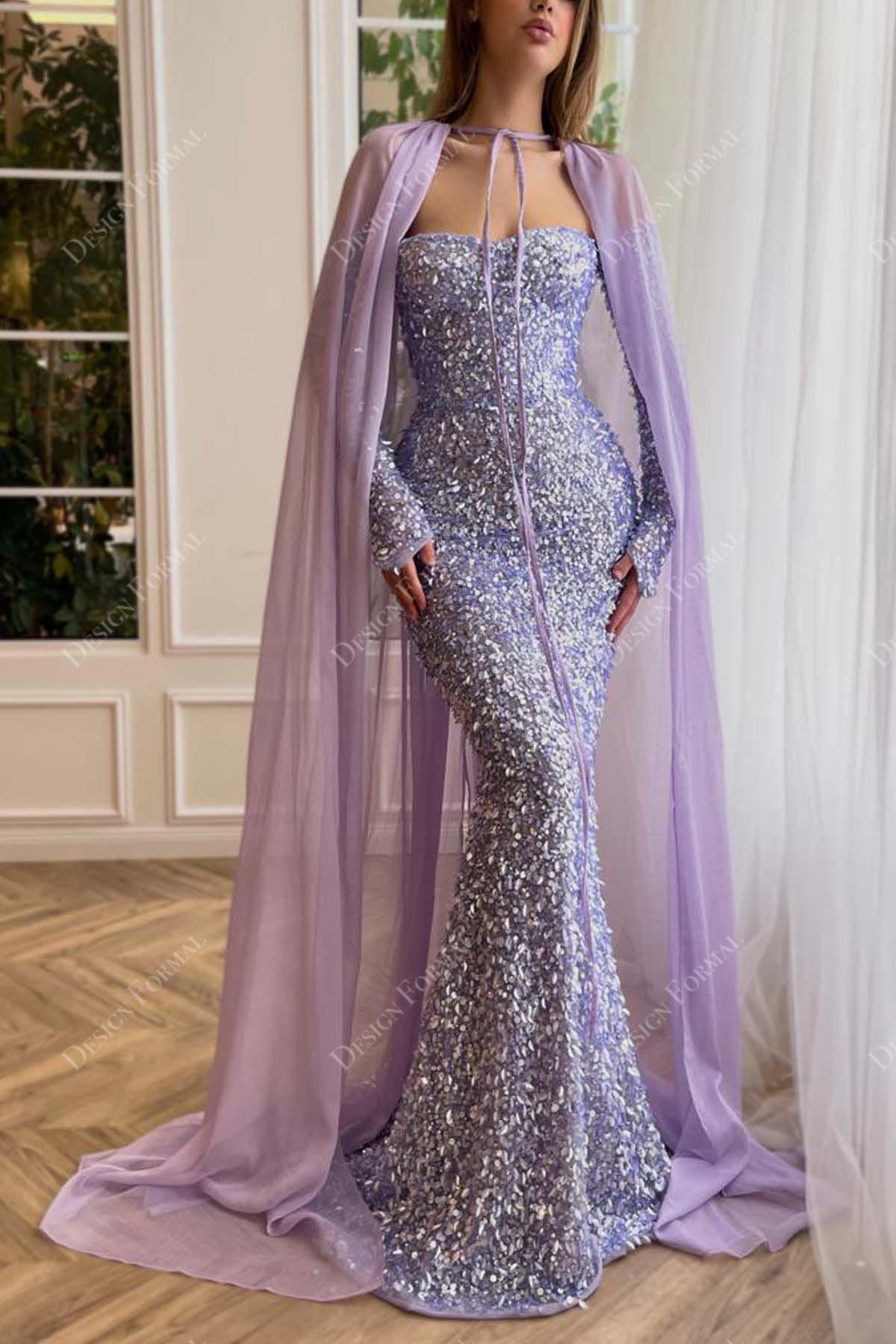 lilac sequin mermaid chiffon cape prom dress