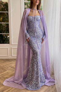 Solara Sequin Mermaid Cape Gown