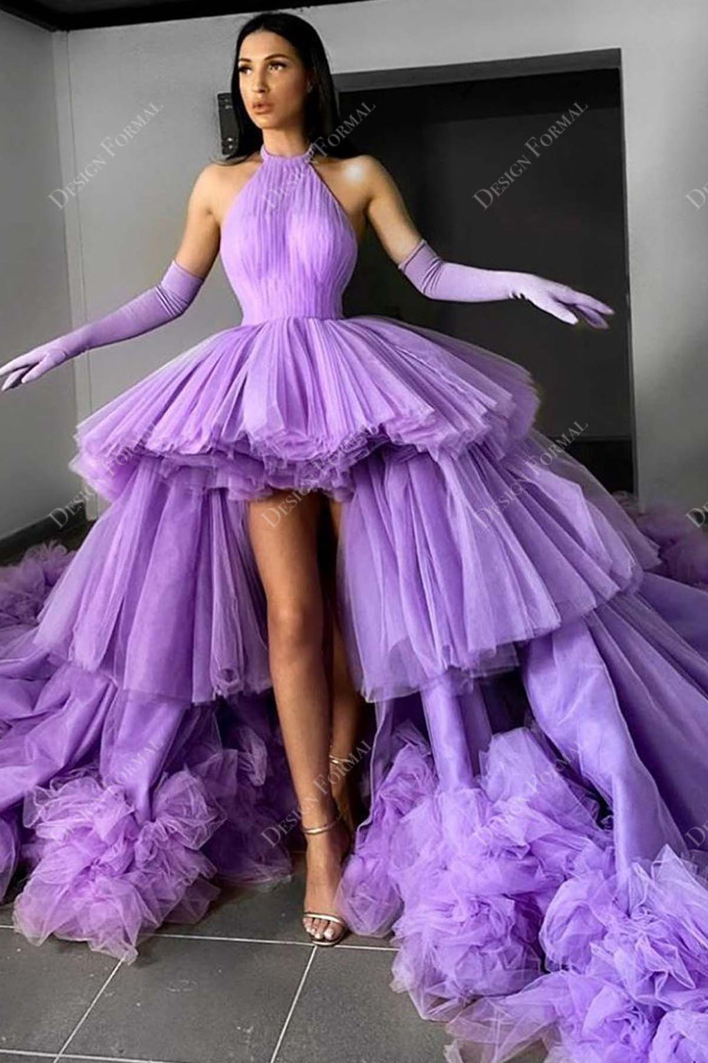 Lilac Halter Neck Tiered Tulle Handmade High-low Prom Dress