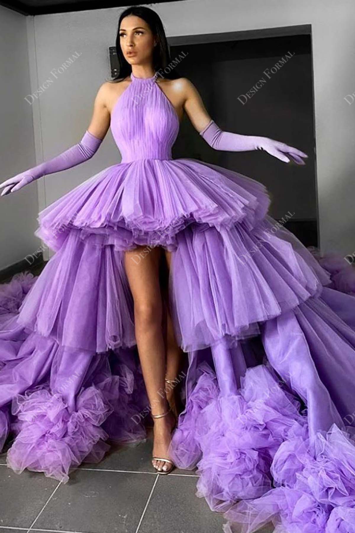 Lilac Halter Neck Tiered Tulle High-low Prom Dress