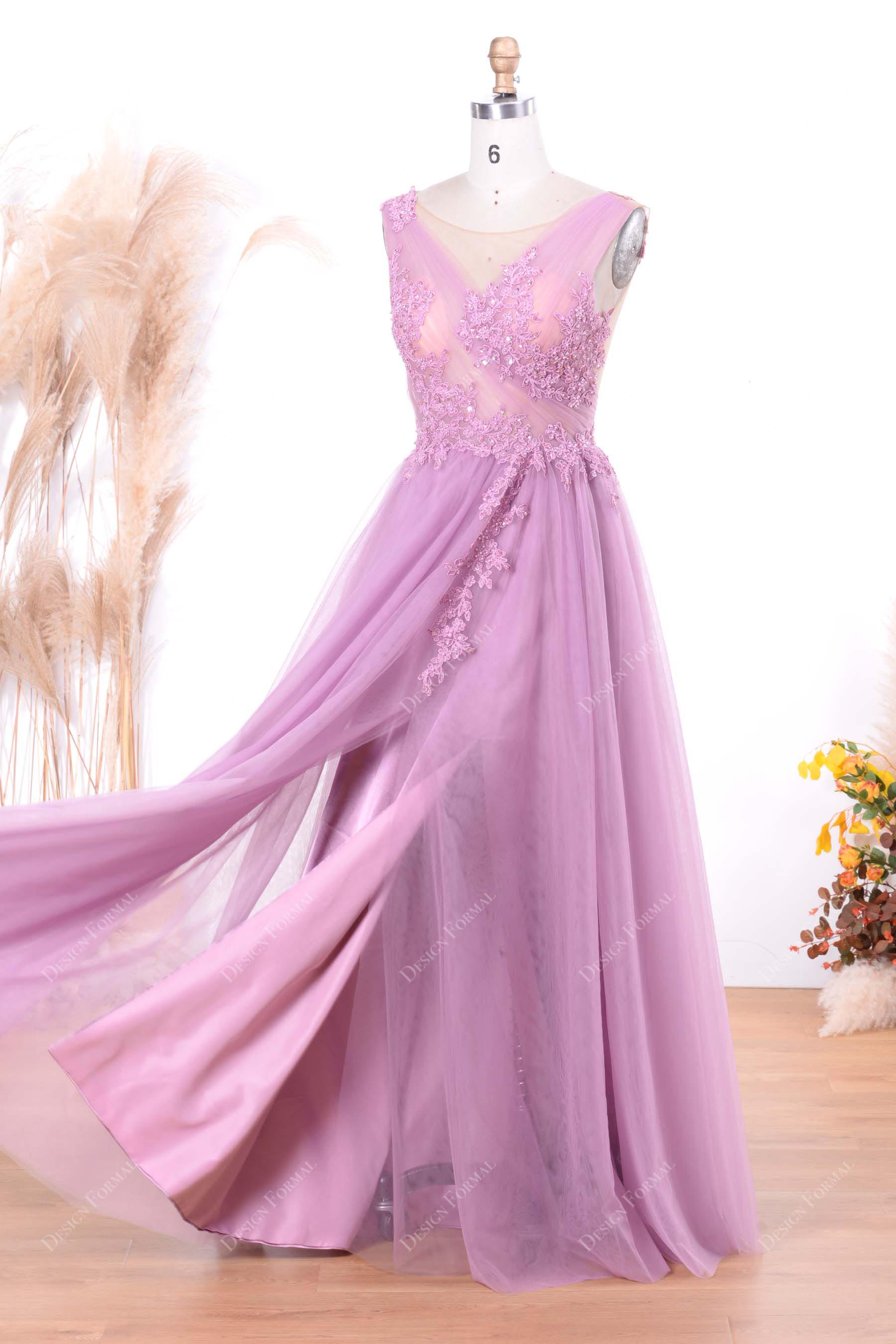 lilac tulle A-line slit formal dress