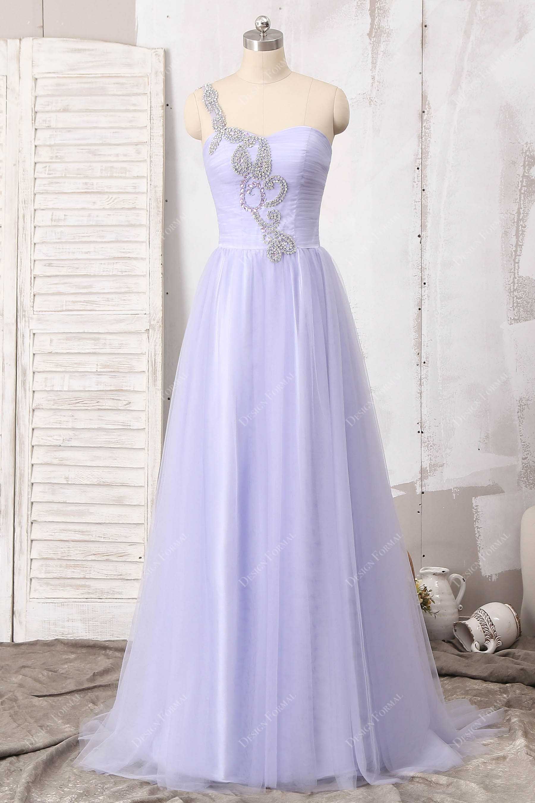 lilac tulle beaded one shoulder A-line prom dress