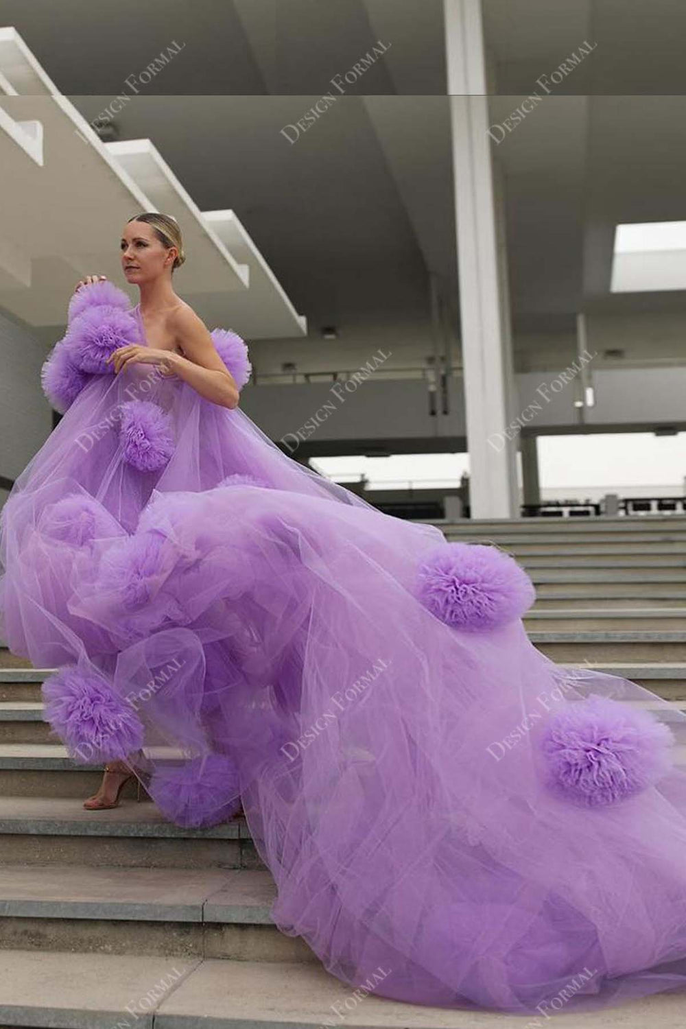 Layered Flower One Shoulder Sweep Train Tulle Dress Wisteria main image 1