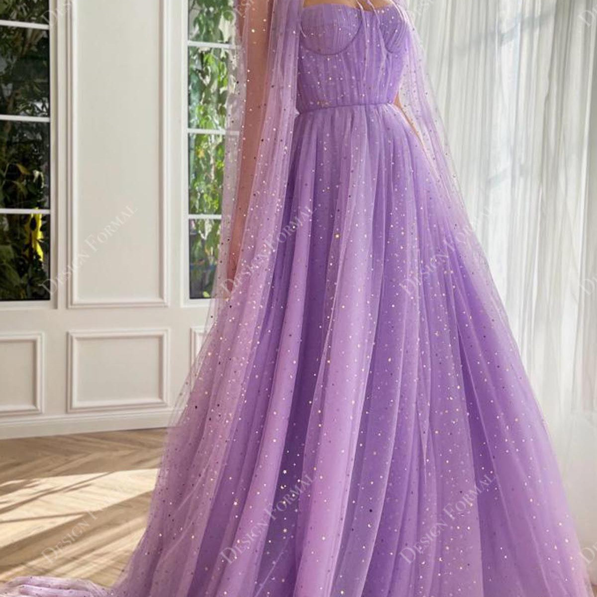 Sparkly Gold Stars Lilac Tulle Corset A-line Cape Formal Dress