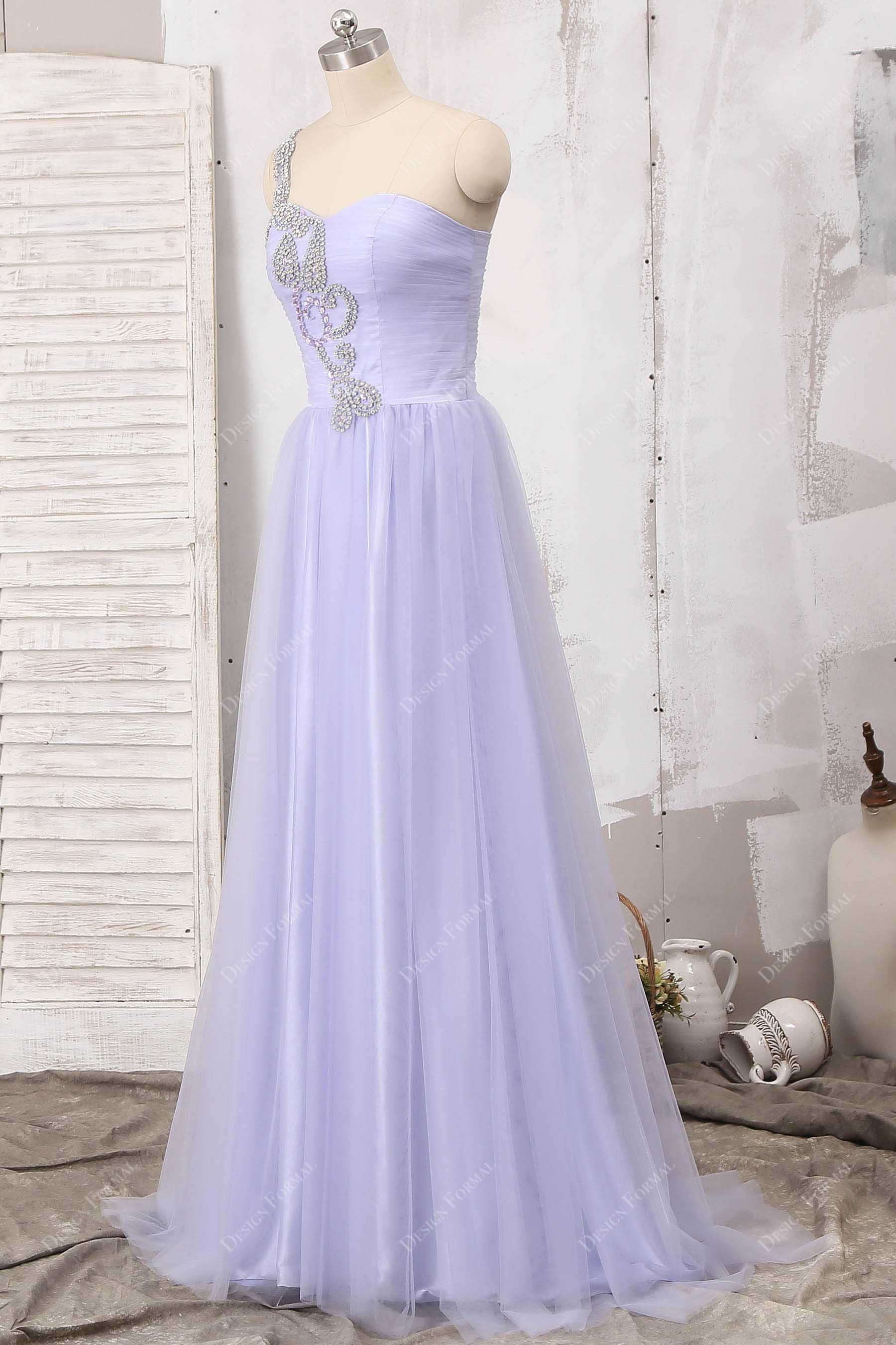 lilac tulle sleeveless A-line prom dress