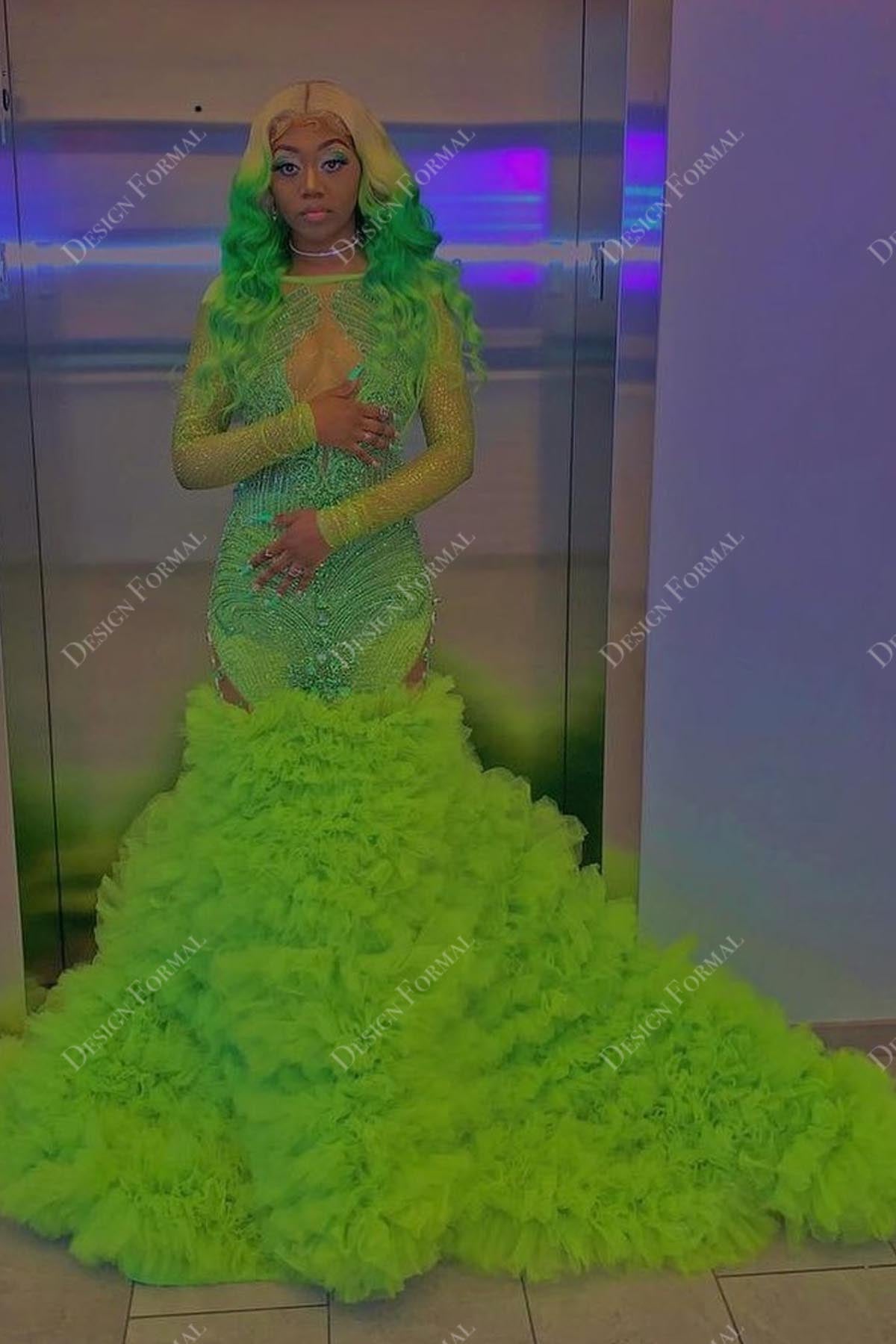 lime green illusion long sleeve ruffled tulle mermaid prom dress
