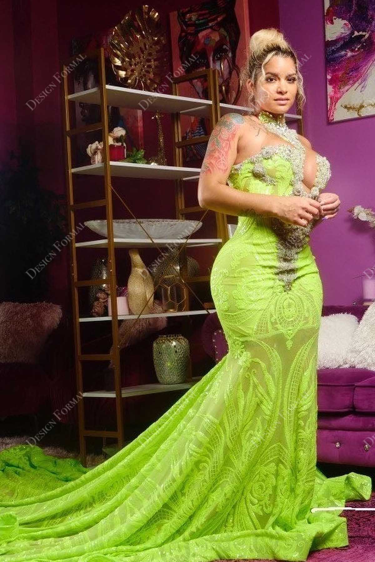 lime green sequin plunging high neck mermaid prom dress