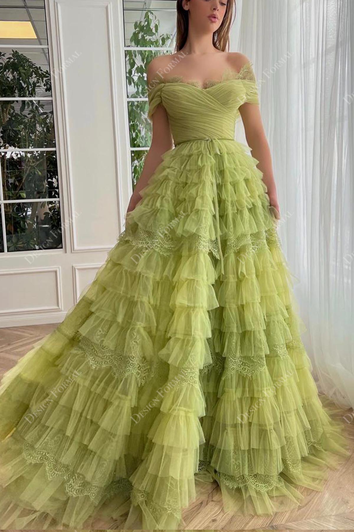 lime green tiered ruffled fashion bridal gown