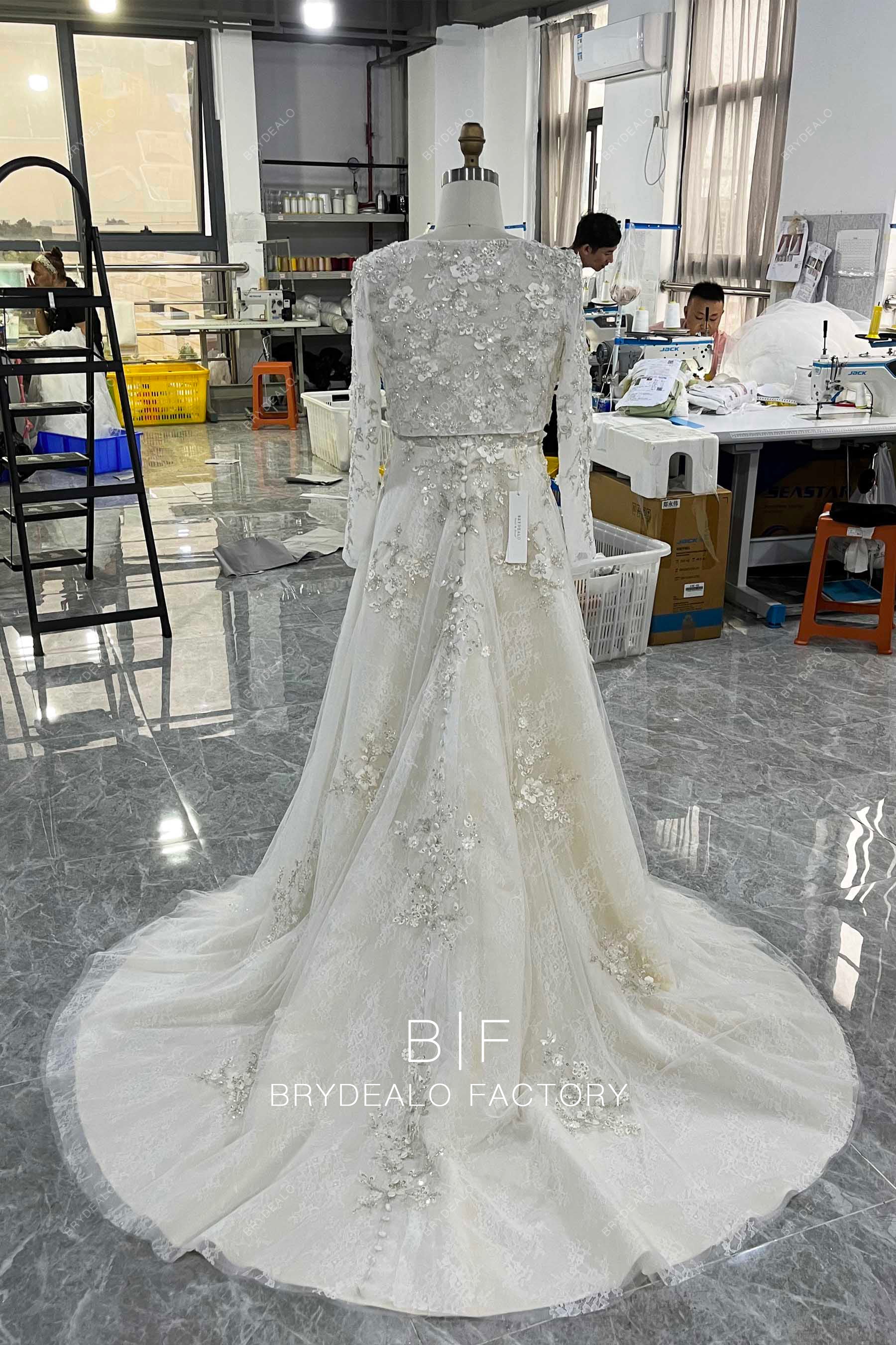 designer 3D flower long sleeves lace wedding gown