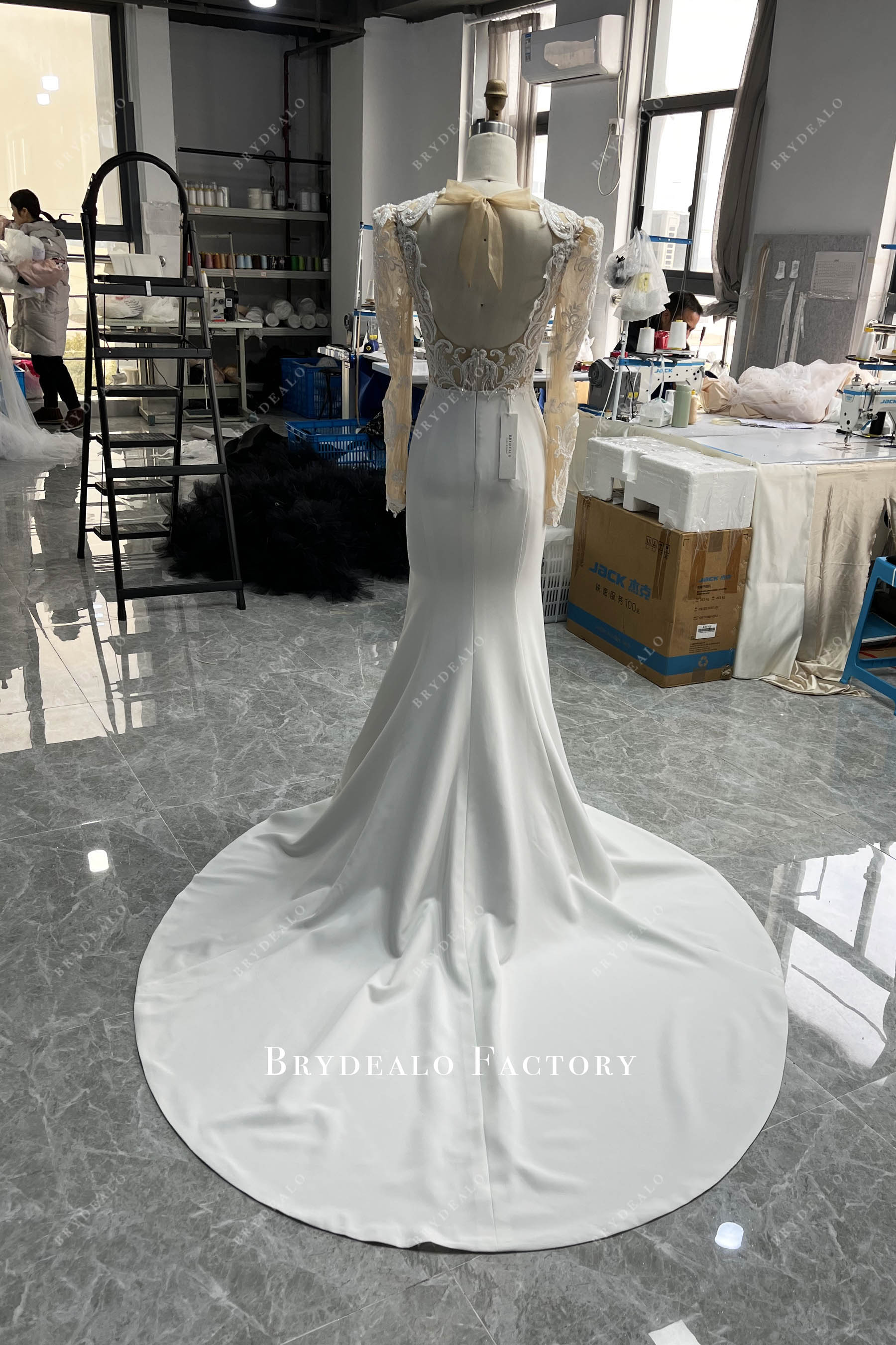 tailored long crepe mermaid keyhole back bridal gown