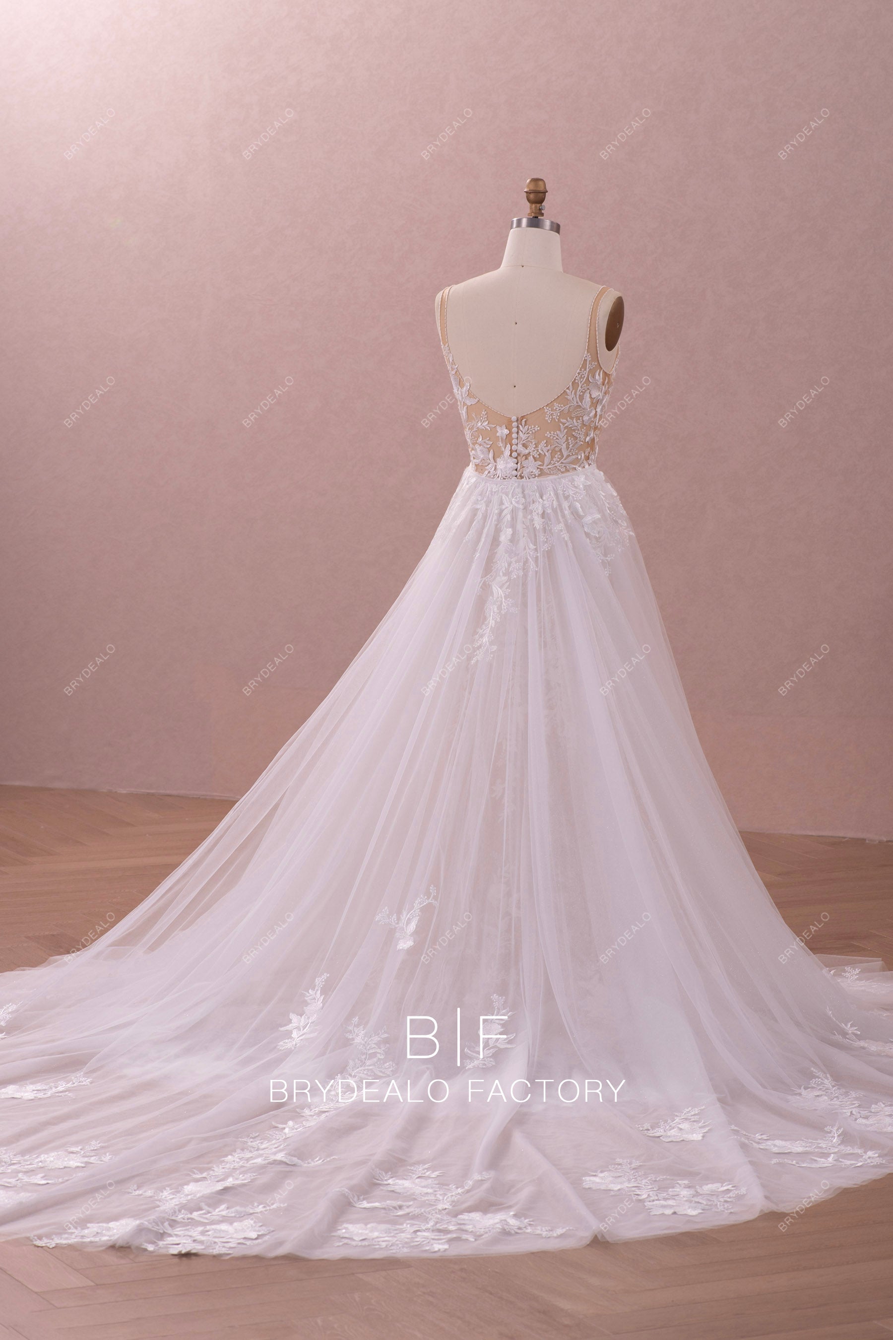 long detachable overskirt tulle wedding dress