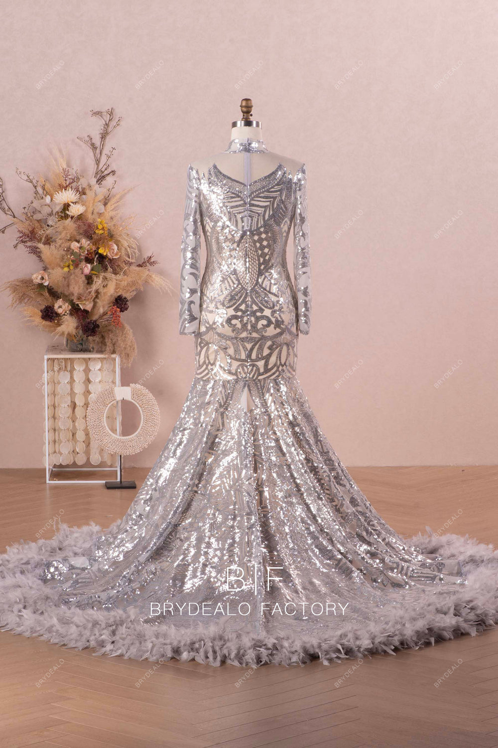 High Neck Trumpet Mermaid Sequin Black Feather Prom Dress