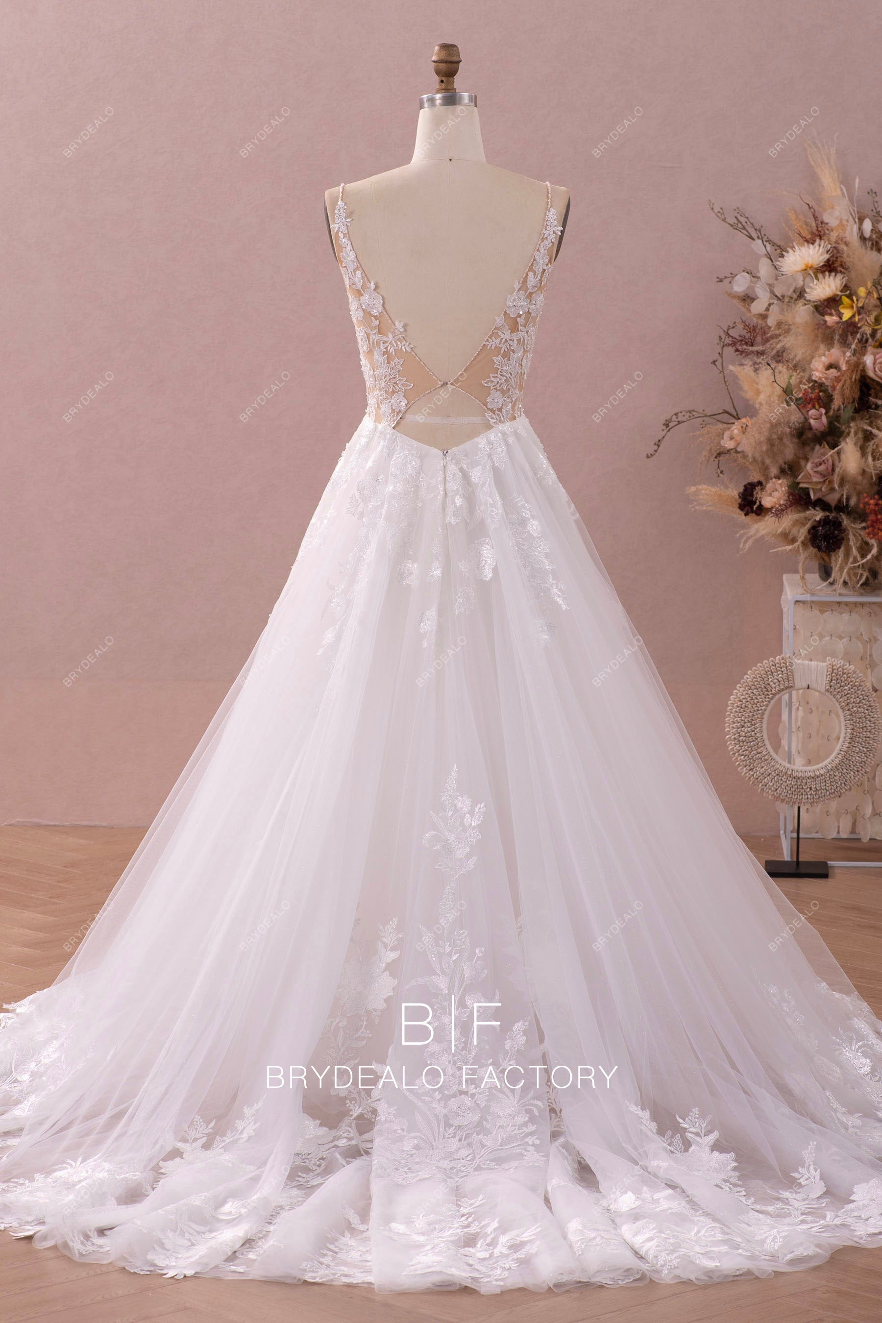 keyhole back beautiful A-line court train bridal gown