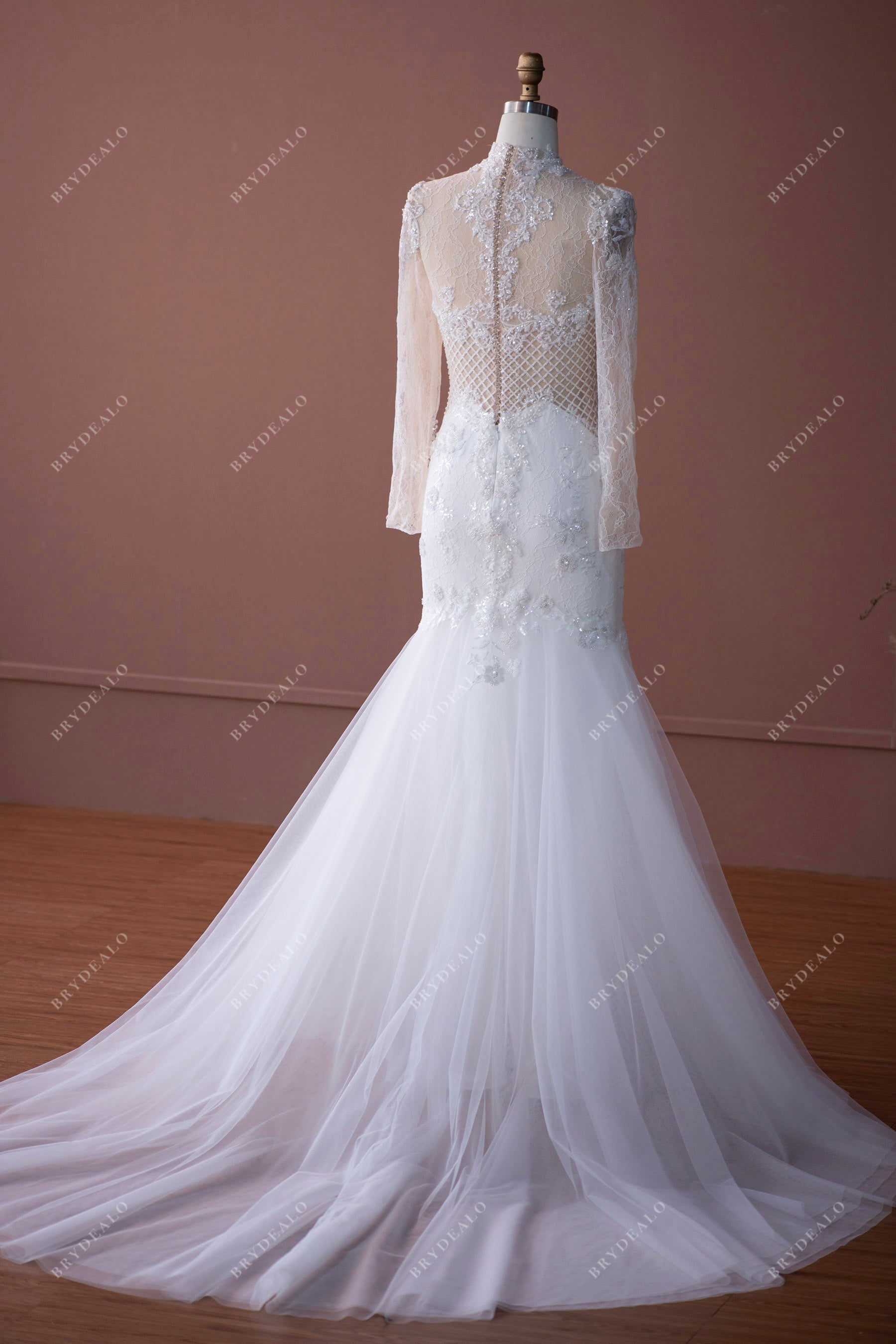 long train illusion back fashionable wedding gown