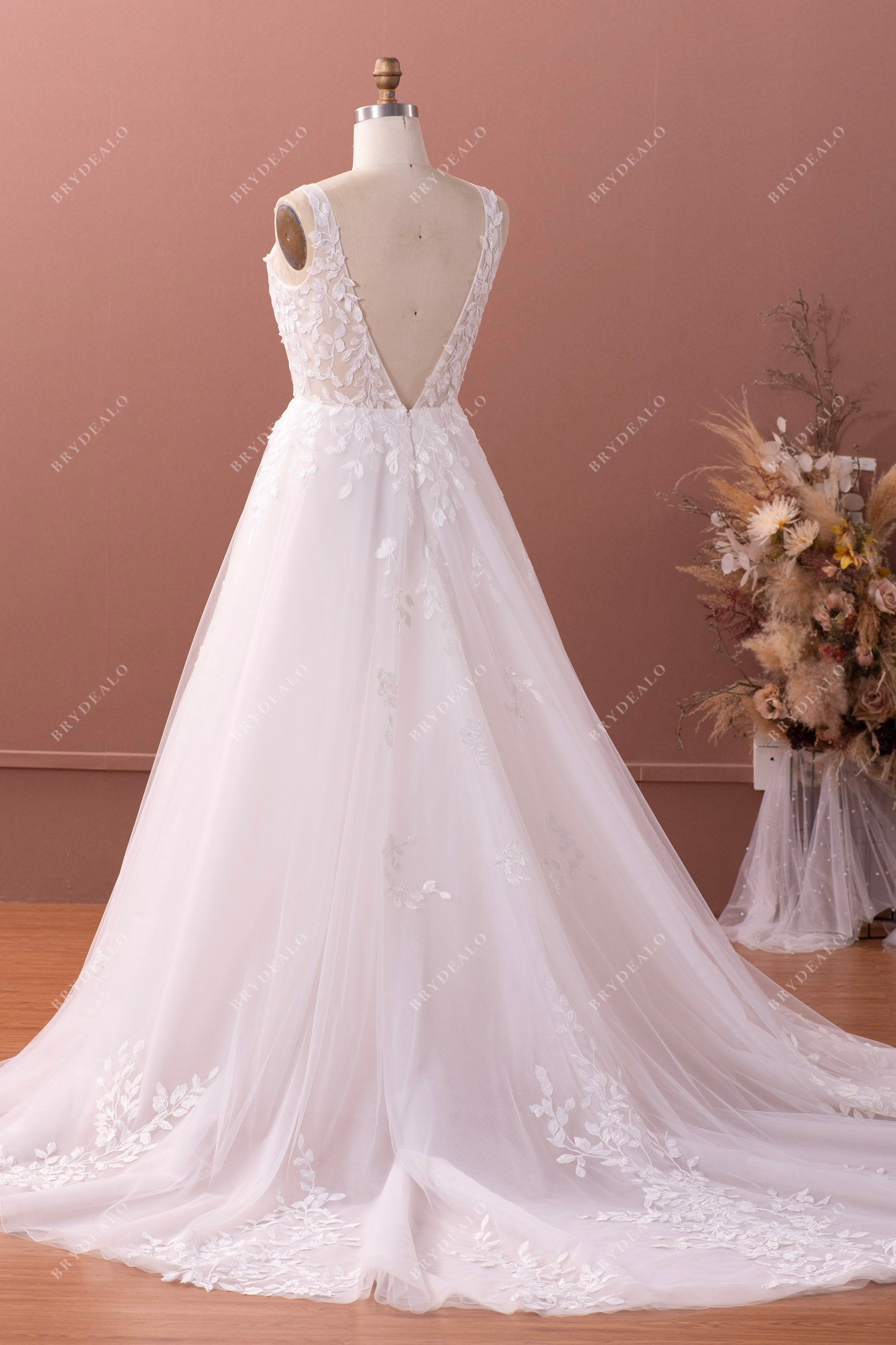 long lace tulle open back fall wedding dress