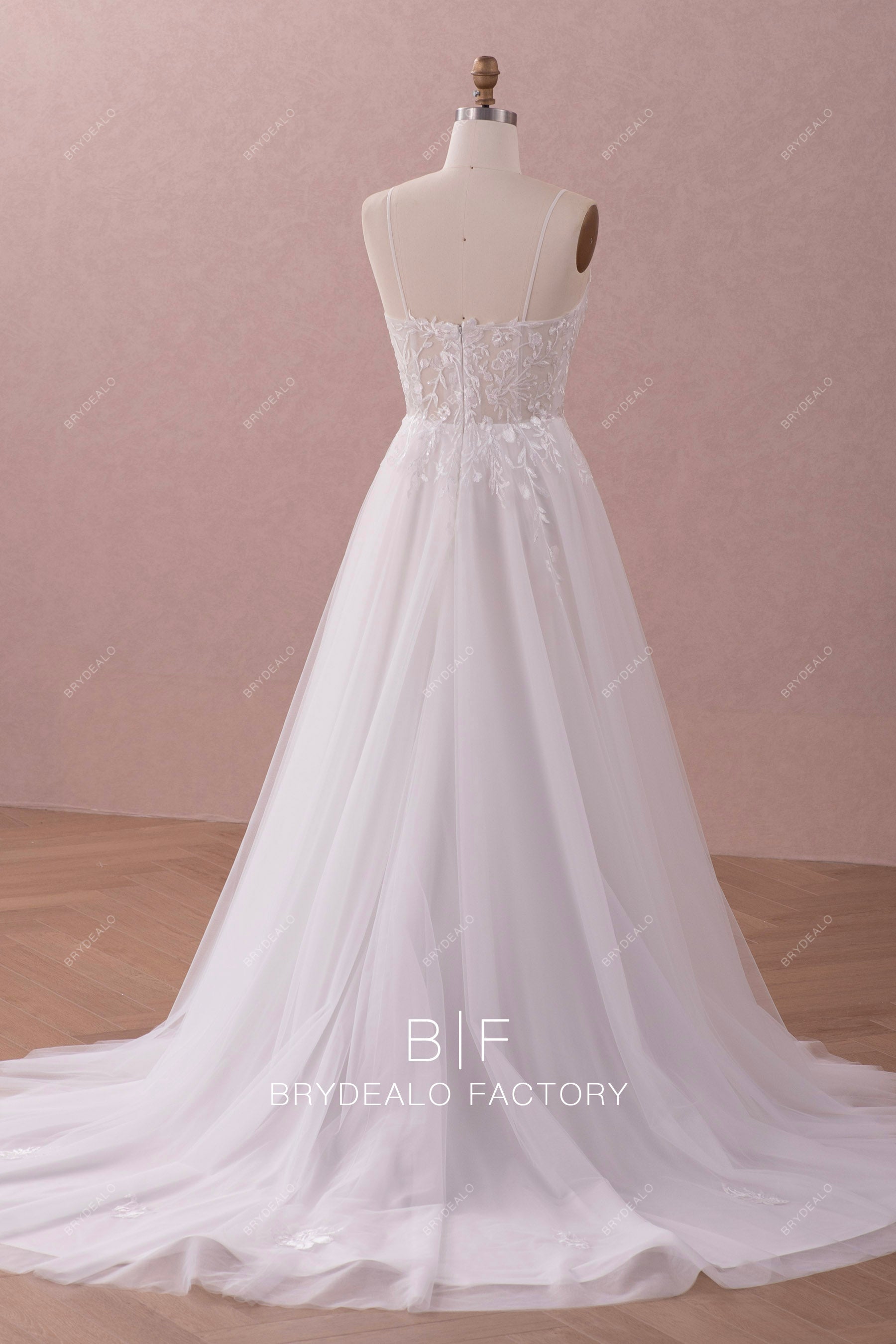 A-line long train lace Fall wedding dress