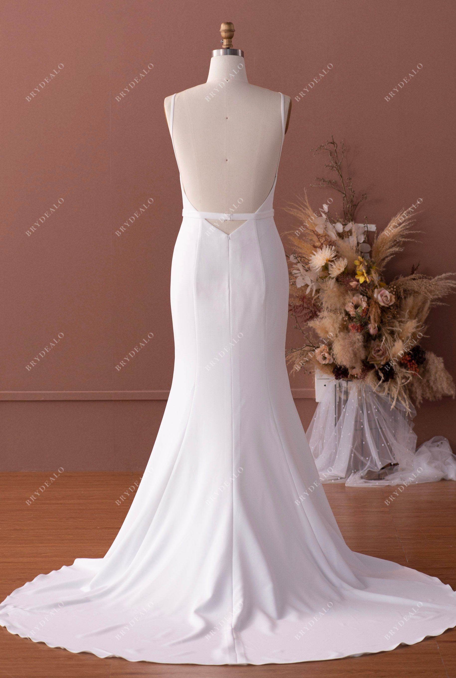 elegant mermaid crepe open back bridal gown