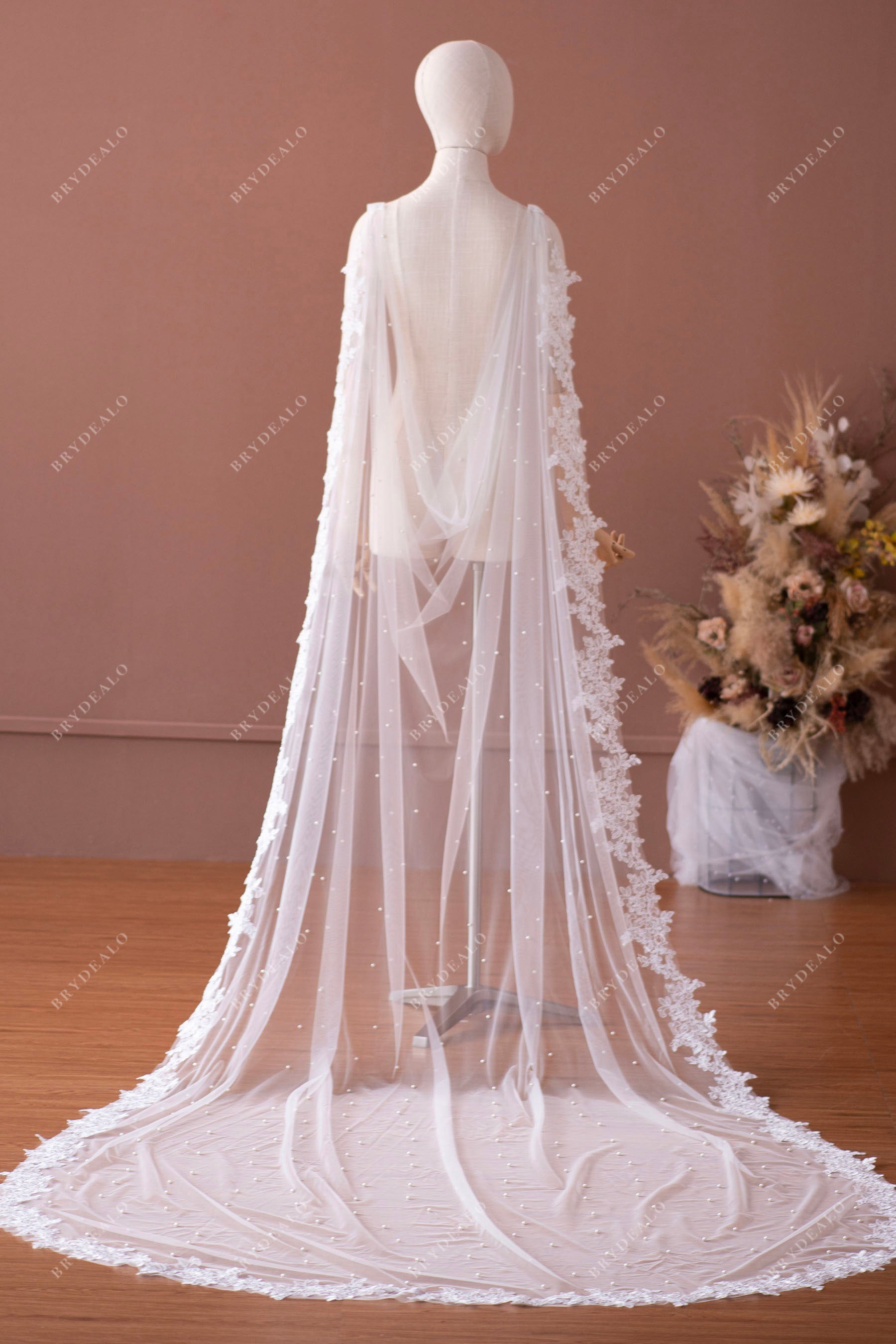 beautiful long pearl lace bridal cape