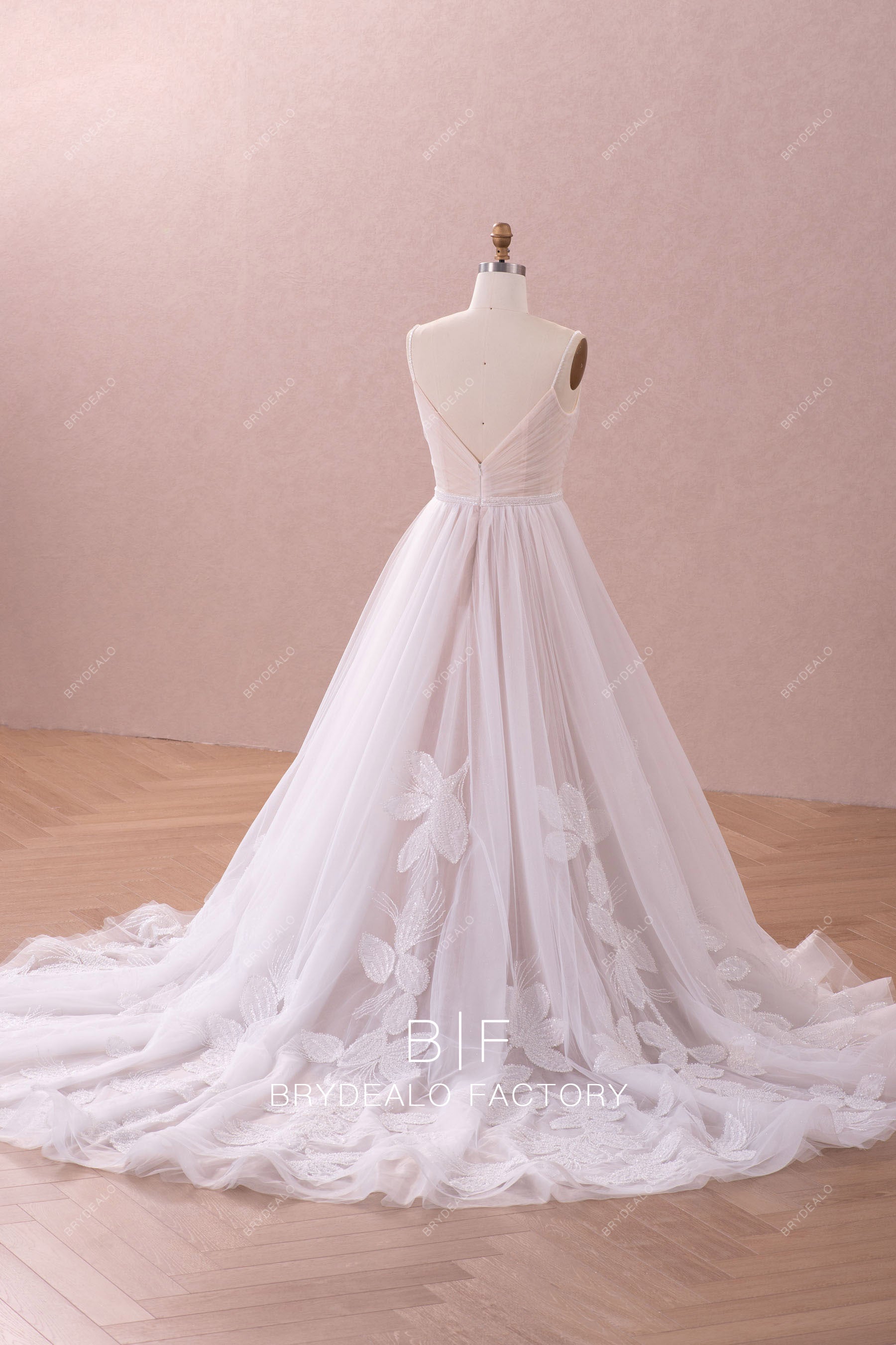 long ruffled beaded lace wedding dress